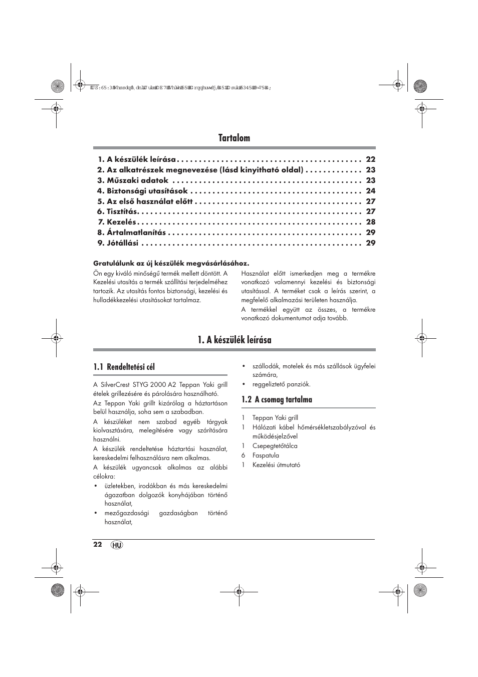 Tartalom, A készülék leírása, 1 rendeltetési cél | 2 a csomag tartalma | Silvercrest STYG 2000 A2 User Manual | Page 24 / 70