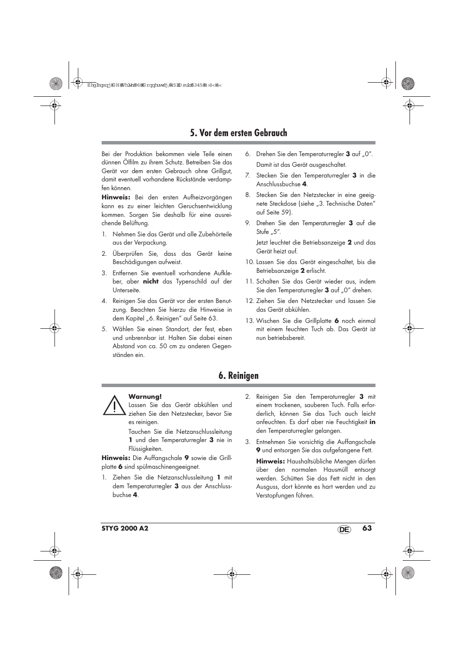 Vor dem ersten gebrauch, Reinigen | Silvercrest STYG 2000 A2 User Manual | Page 65 / 70