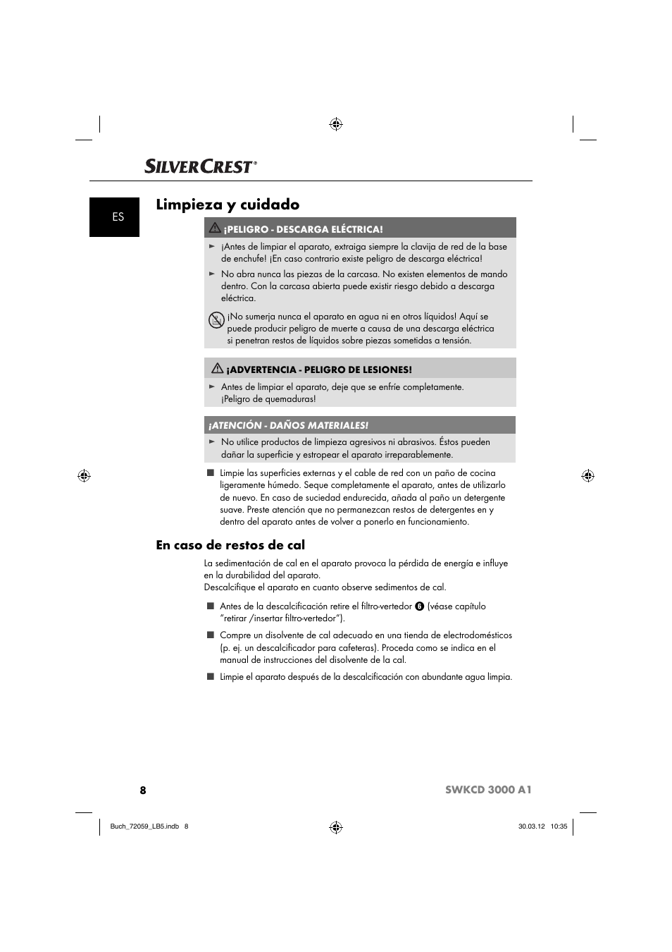 Limpieza y cuidado, En caso de restos de cal | Silvercrest SWKCD 3000 A1 User Manual | Page 10 / 49