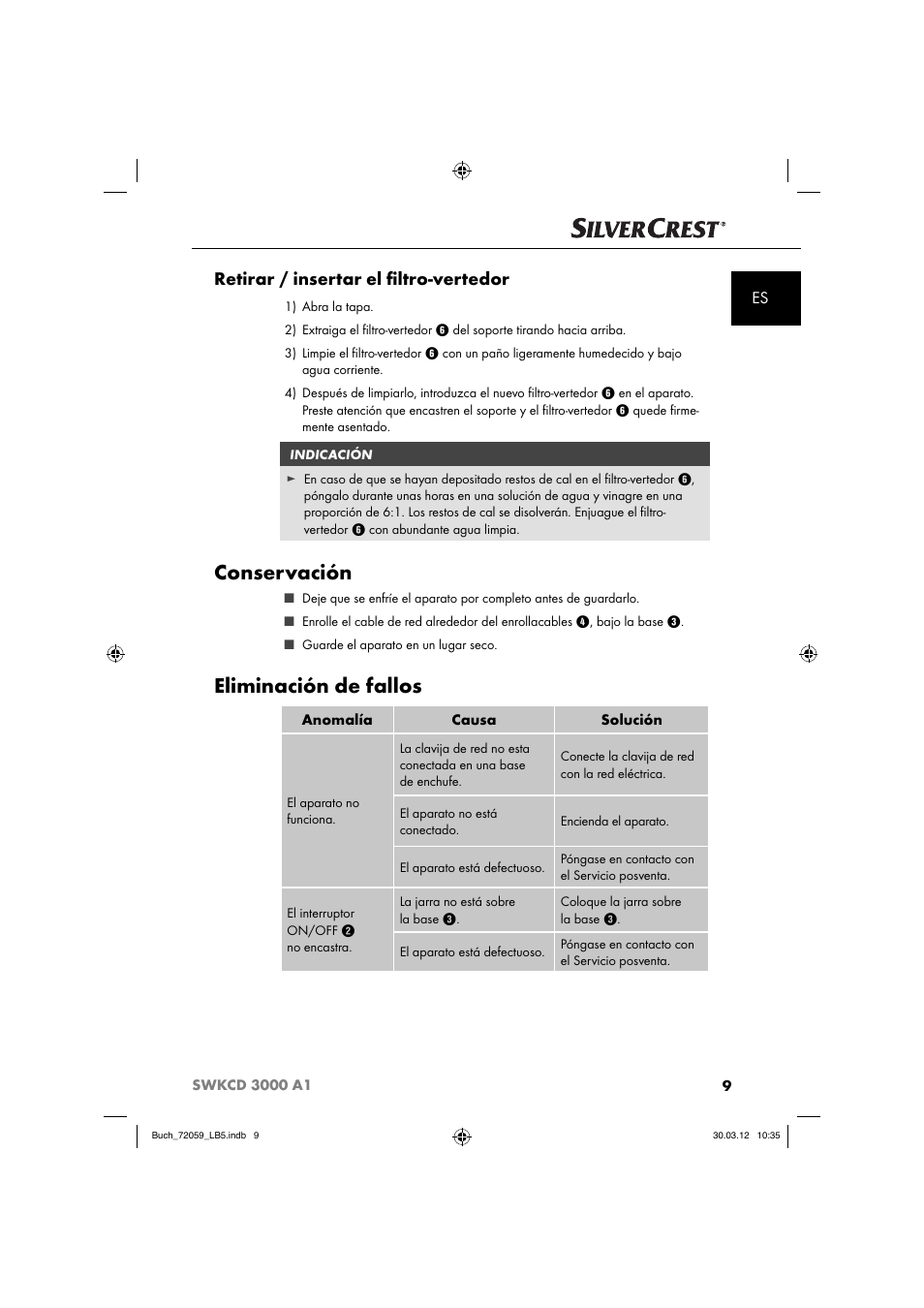 Conservación, Eliminación de fallos, Retirar / insertar el ﬁ ltro-vertedor | Silvercrest SWKCD 3000 A1 User Manual | Page 11 / 49