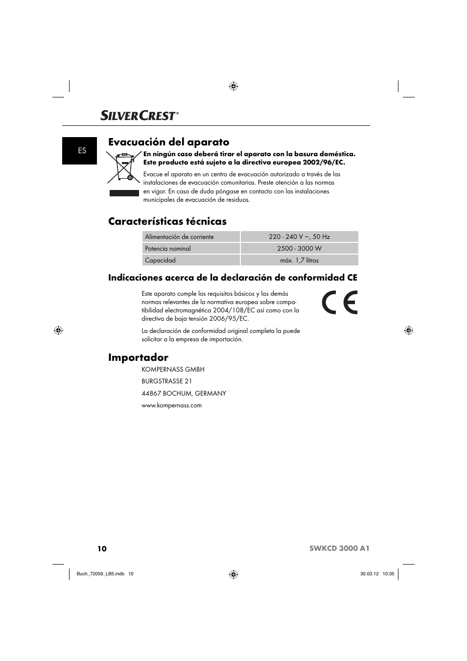 Evacuación del aparato, Características técnicas, Importador | Silvercrest SWKCD 3000 A1 User Manual | Page 12 / 49
