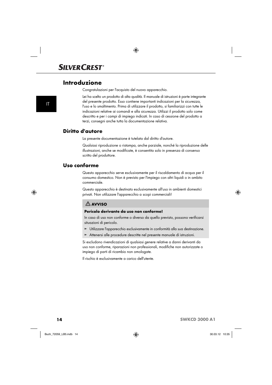 Introduzione, Diritto d'autore, Uso conforme | Silvercrest SWKCD 3000 A1 User Manual | Page 16 / 49