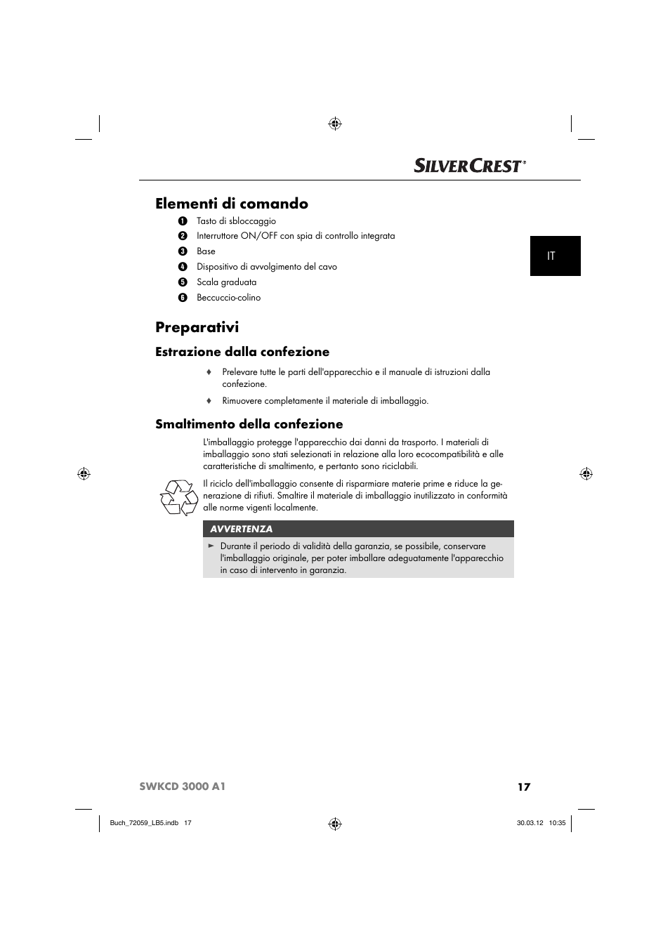 Elementi di comando, Preparativi, Estrazione dalla confezione | Smaltimento della confezione | Silvercrest SWKCD 3000 A1 User Manual | Page 19 / 49