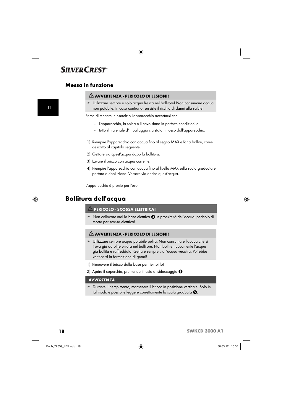 Bollitura dell'acqua, Messa in funzione | Silvercrest SWKCD 3000 A1 User Manual | Page 20 / 49