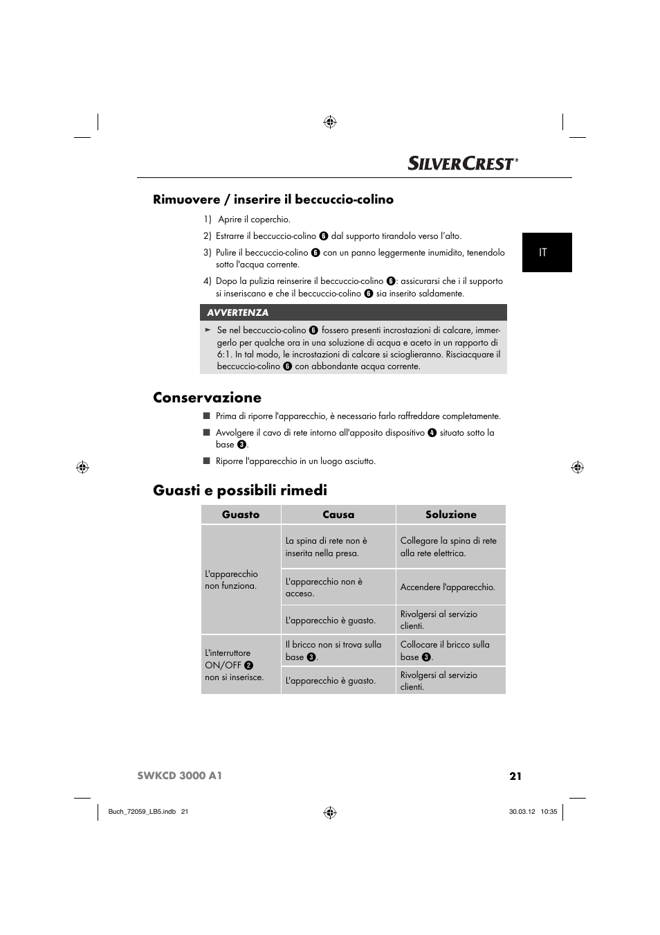 Conservazione, Guasti e possibili rimedi, Rimuovere / inserire il beccuccio-colino | Silvercrest SWKCD 3000 A1 User Manual | Page 23 / 49