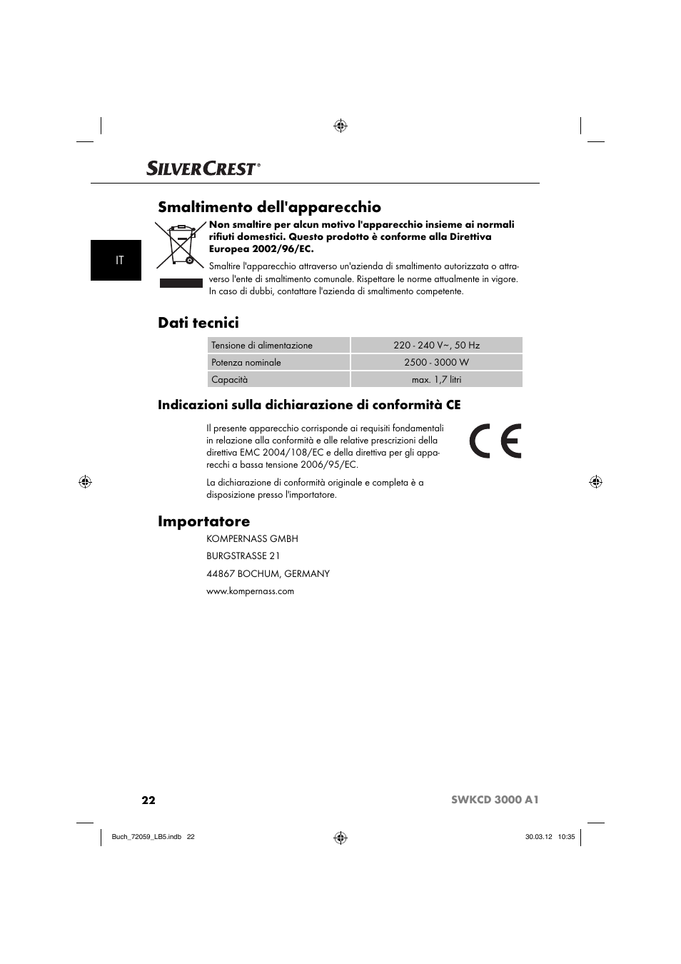 Smaltimento dell'apparecchio, Dati tecnici, Importatore | Indicazioni sulla dichiarazione di conformità ce | Silvercrest SWKCD 3000 A1 User Manual | Page 24 / 49