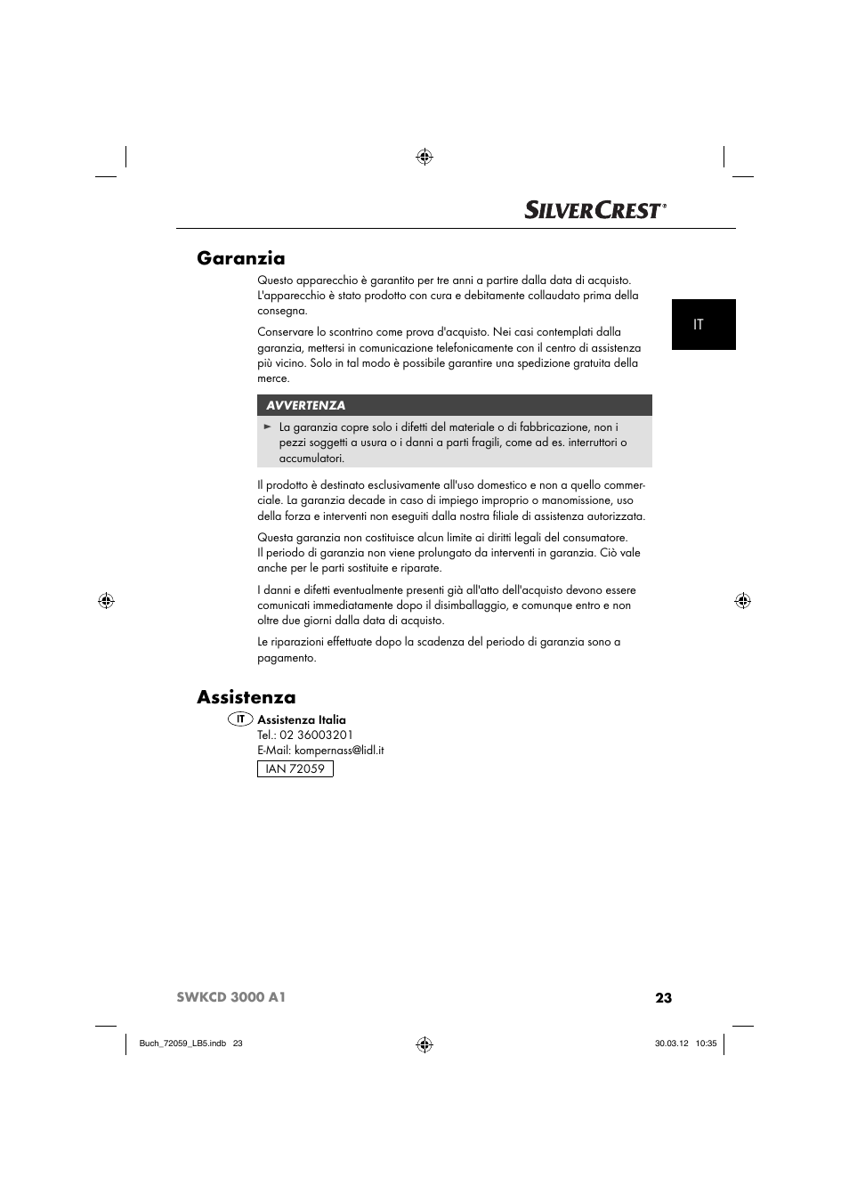 Garanzia, Assistenza | Silvercrest SWKCD 3000 A1 User Manual | Page 25 / 49