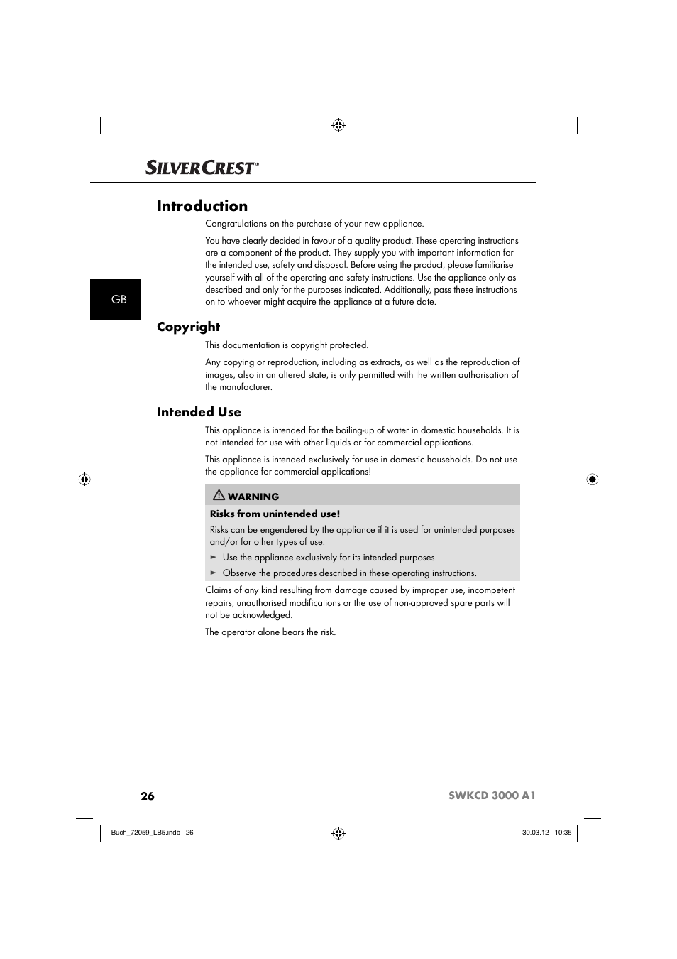 Introduction, Copyright, Intended use | Silvercrest SWKCD 3000 A1 User Manual | Page 28 / 49