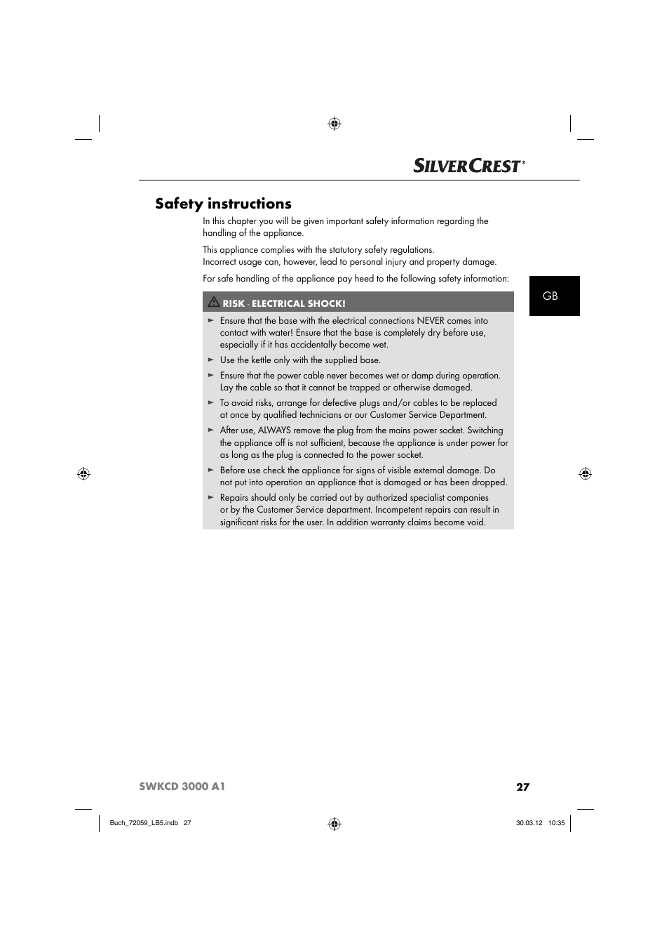 Safety instructions | Silvercrest SWKCD 3000 A1 User Manual | Page 29 / 49