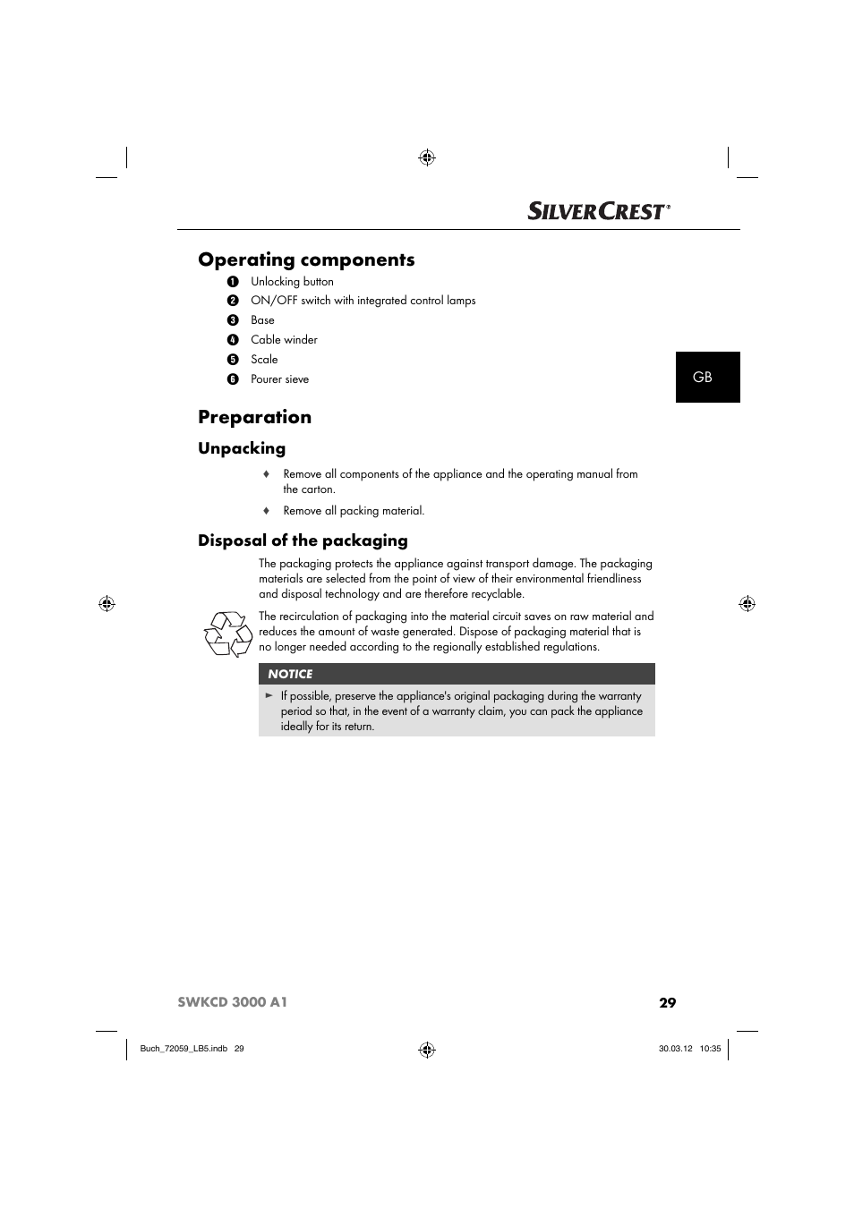 Operating components, Preparation, Unpacking | Disposal of the packaging | Silvercrest SWKCD 3000 A1 User Manual | Page 31 / 49