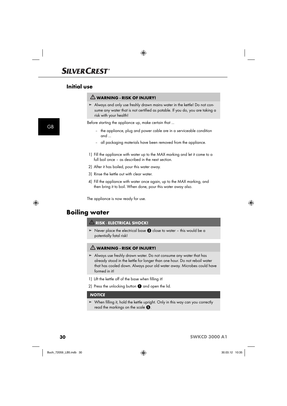 Boiling water, Initial use | Silvercrest SWKCD 3000 A1 User Manual | Page 32 / 49