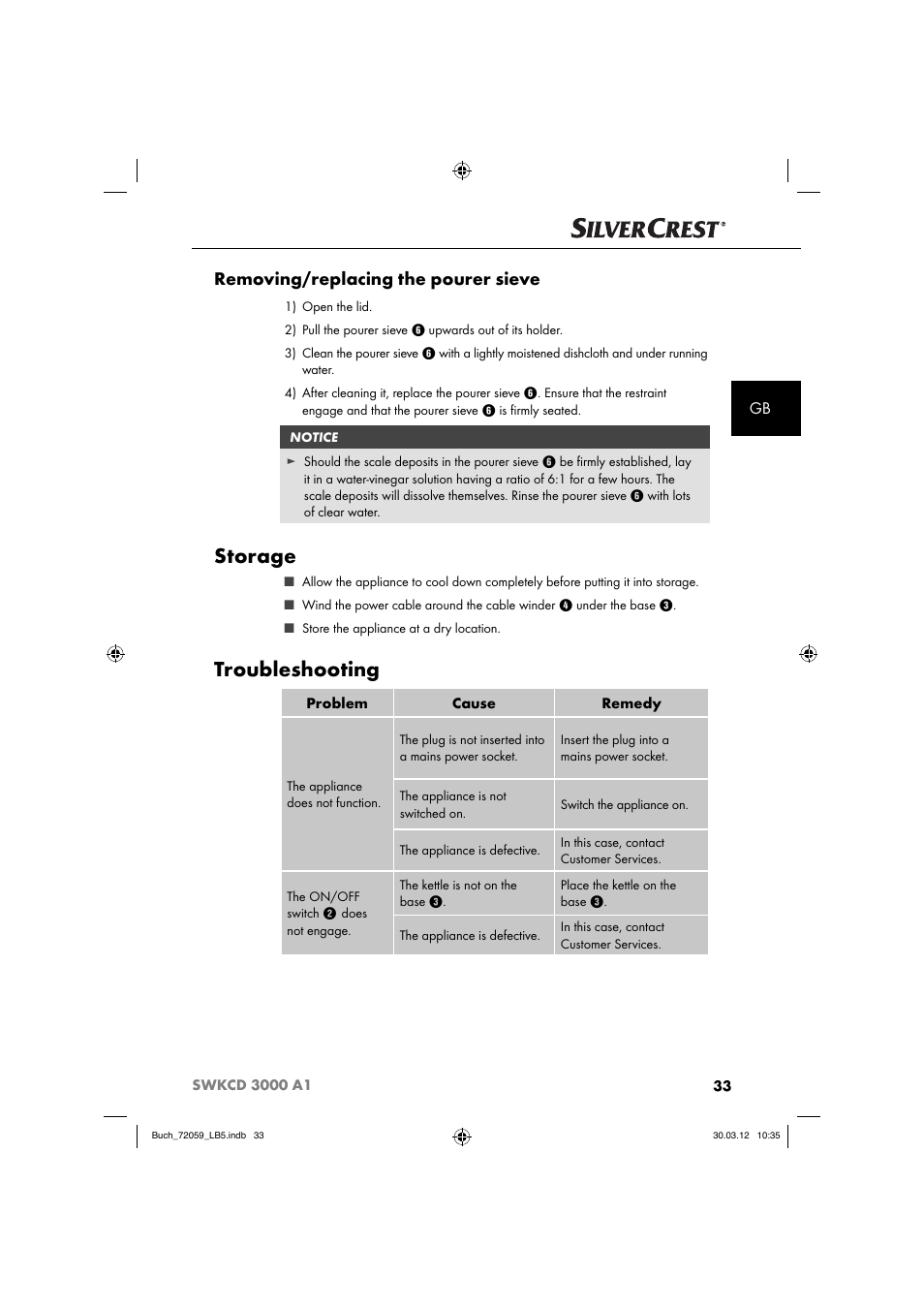 Storage, Troubleshooting, Removing/replacing the pourer sieve | Silvercrest SWKCD 3000 A1 User Manual | Page 35 / 49