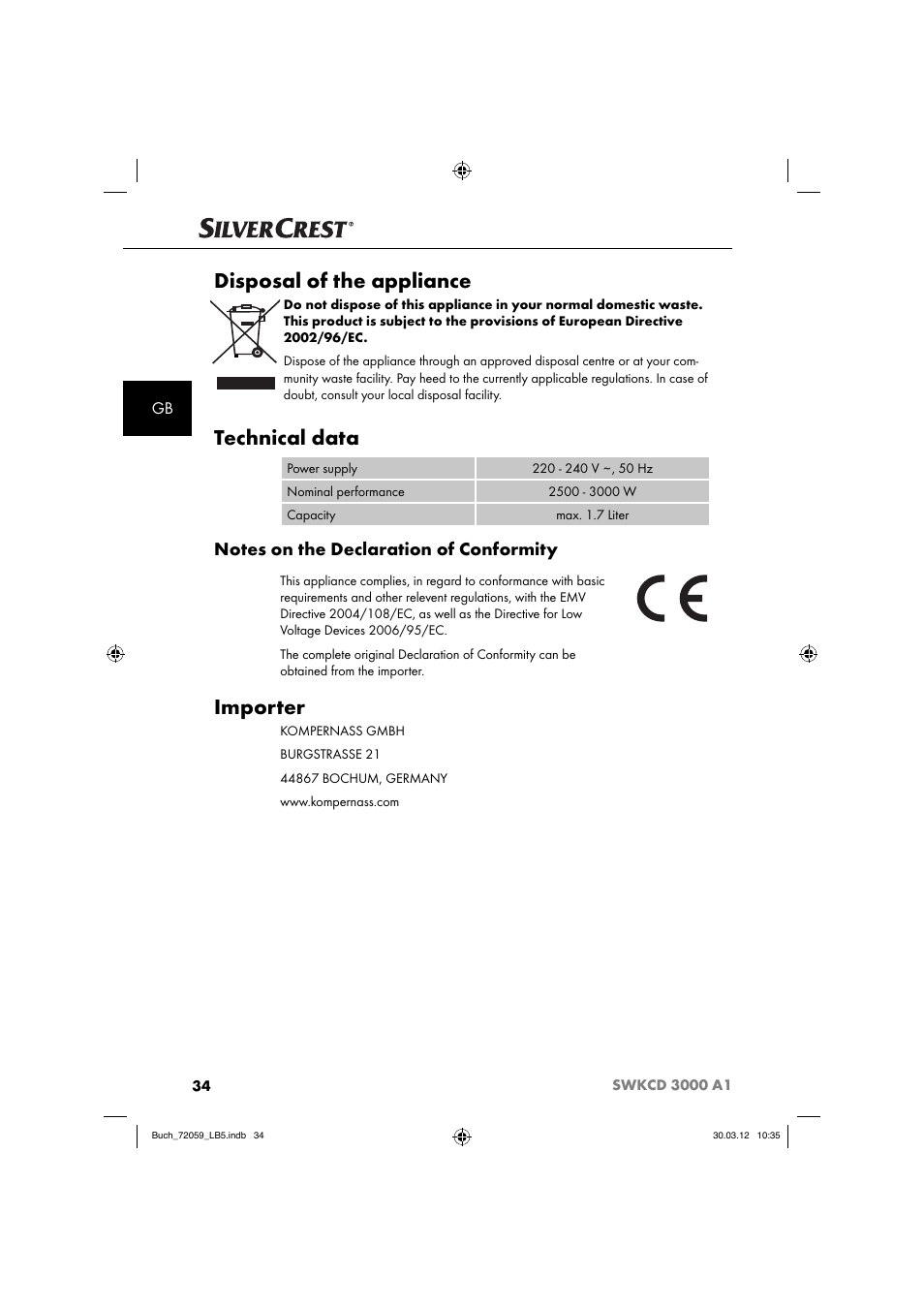 Disposal of the appliance, Technical data, Importer | Silvercrest SWKCD 3000 A1 User Manual | Page 36 / 49