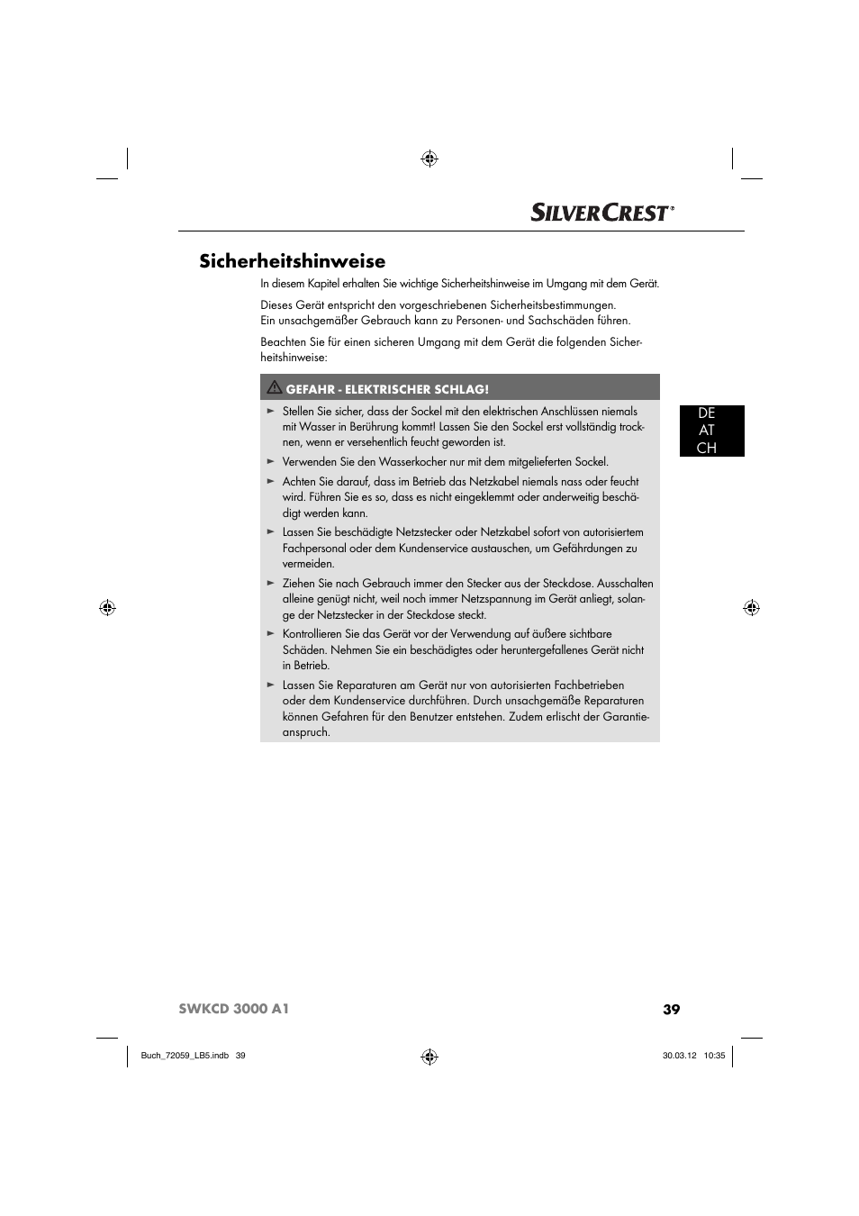 Sicherheitshinweise, De at ch | Silvercrest SWKCD 3000 A1 User Manual | Page 41 / 49