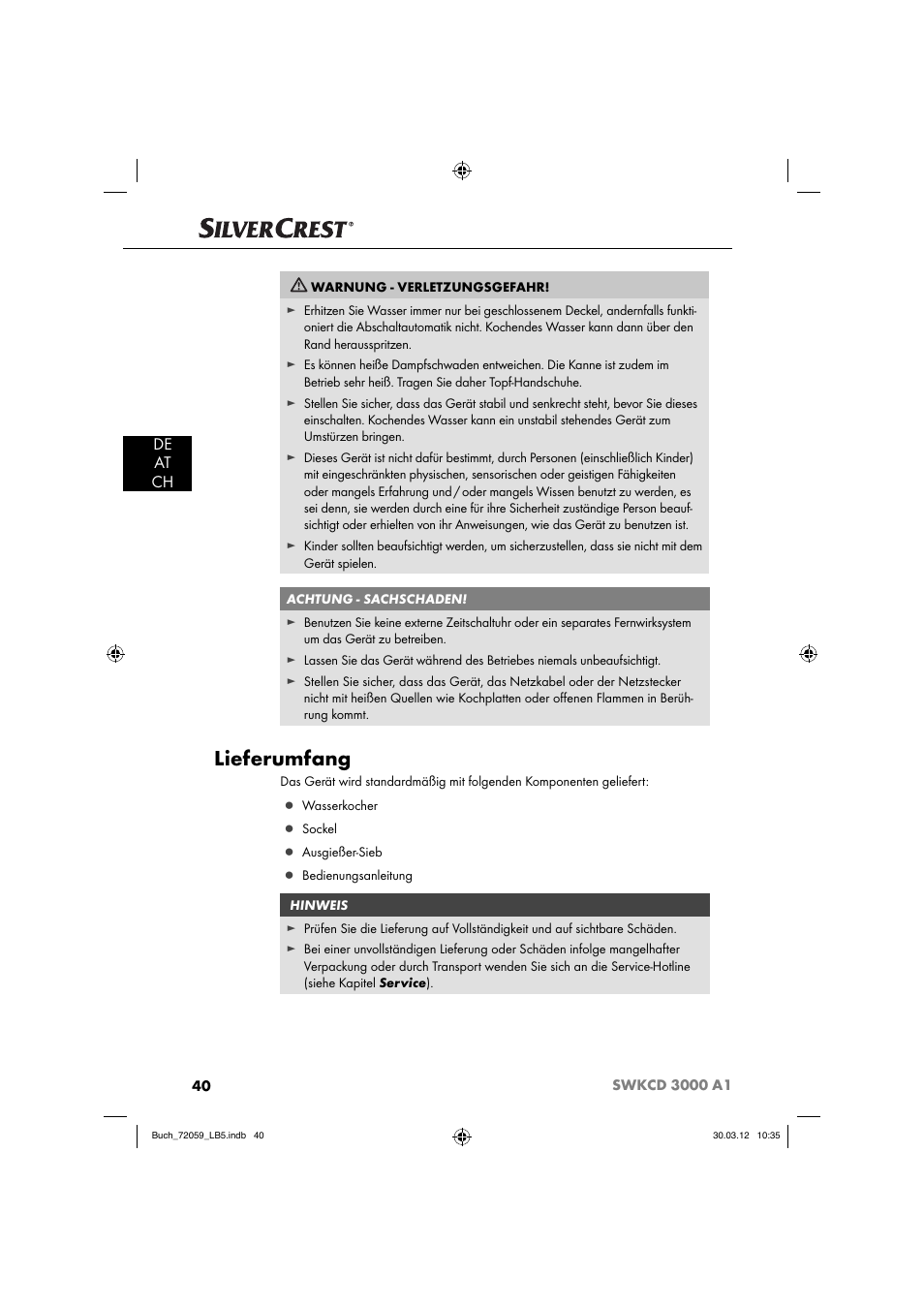 Lieferumfang, De at ch | Silvercrest SWKCD 3000 A1 User Manual | Page 42 / 49