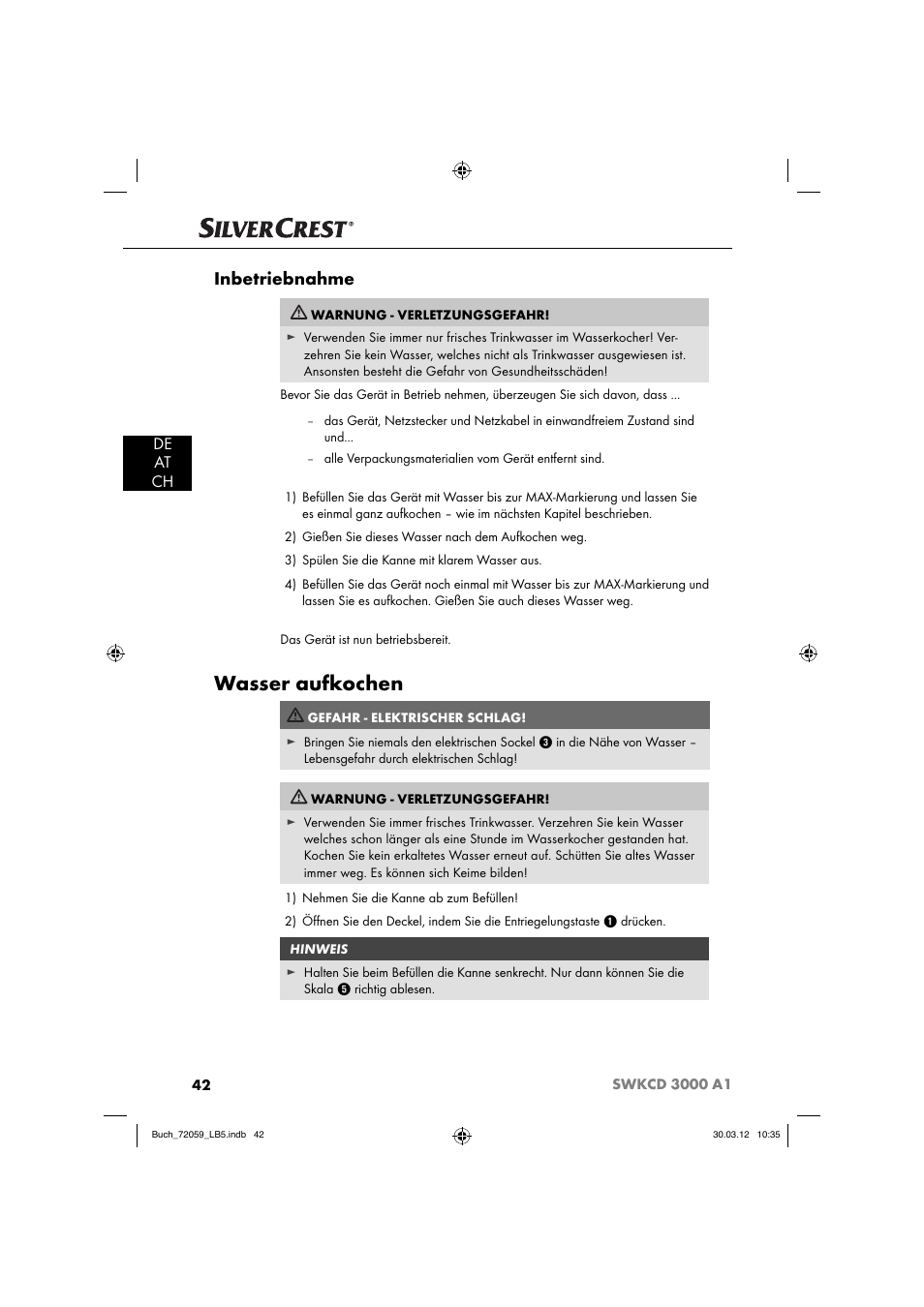 Wasser aufkochen, Inbetriebnahme, De at ch | Silvercrest SWKCD 3000 A1 User Manual | Page 44 / 49