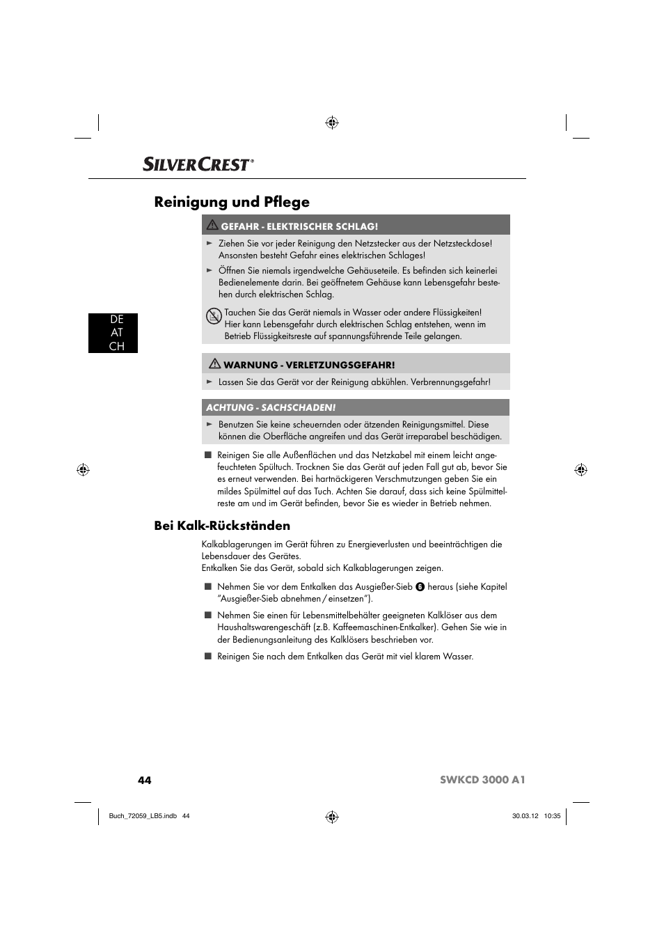 Reinigung und pﬂ ege, Bei kalk-rückständen, De at ch | Silvercrest SWKCD 3000 A1 User Manual | Page 46 / 49