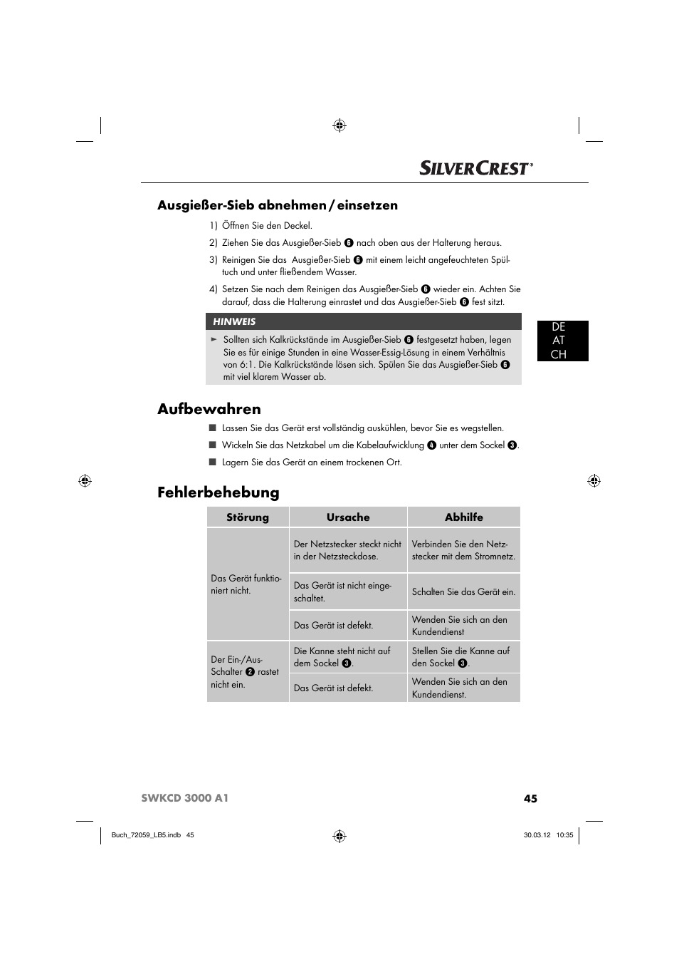 Aufbewahren, Fehlerbehebung, Ausgießer-sieb abnehmen / einsetzen | De at ch | Silvercrest SWKCD 3000 A1 User Manual | Page 47 / 49
