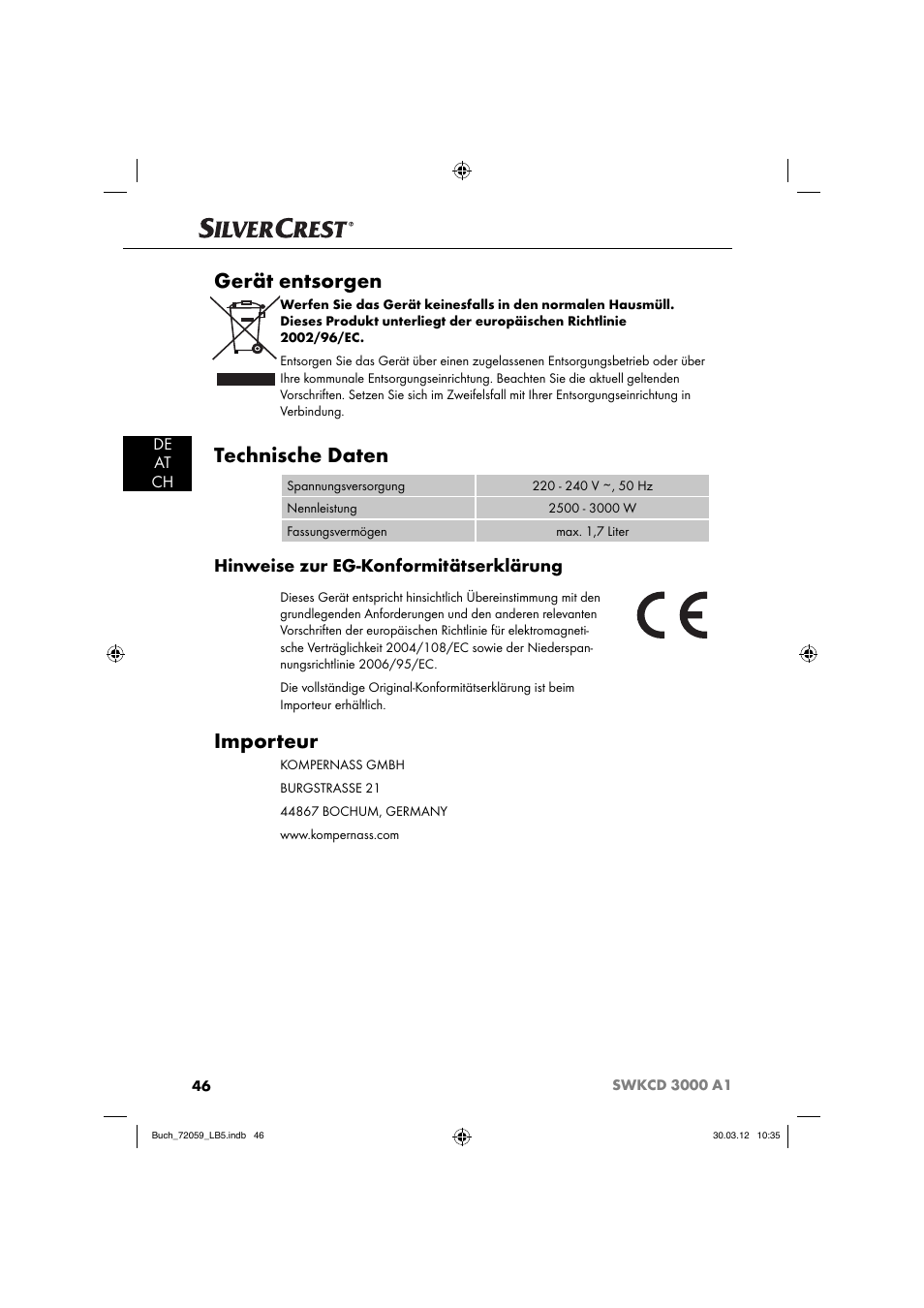 Gerät entsorgen, Technische daten, Importeur | Hinweise zur eg-konformitätserklärung, De at ch | Silvercrest SWKCD 3000 A1 User Manual | Page 48 / 49