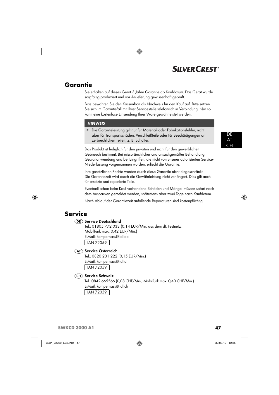 Garantie, Service, De at ch | Silvercrest SWKCD 3000 A1 User Manual | Page 49 / 49