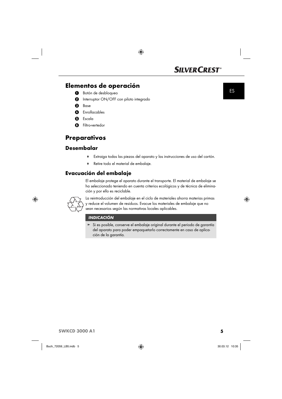 Elementos de operación, Preparativos, Desembalar | Evacuación del embalaje | Silvercrest SWKCD 3000 A1 User Manual | Page 7 / 49