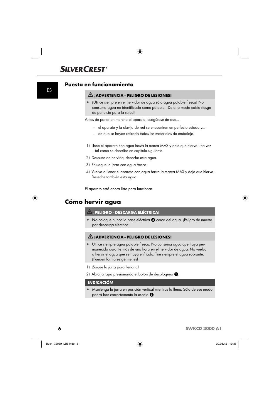 Cómo hervir agua, Puesta en funcionamiento | Silvercrest SWKCD 3000 A1 User Manual | Page 8 / 49