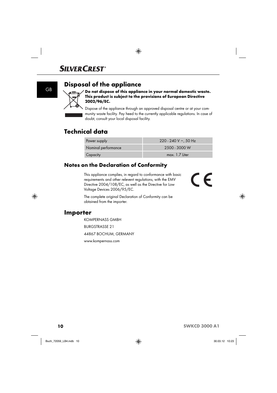 Disposal of the appliance, Technical data, Importer | Silvercrest SWKCD 3000 A1 User Manual | Page 12 / 61