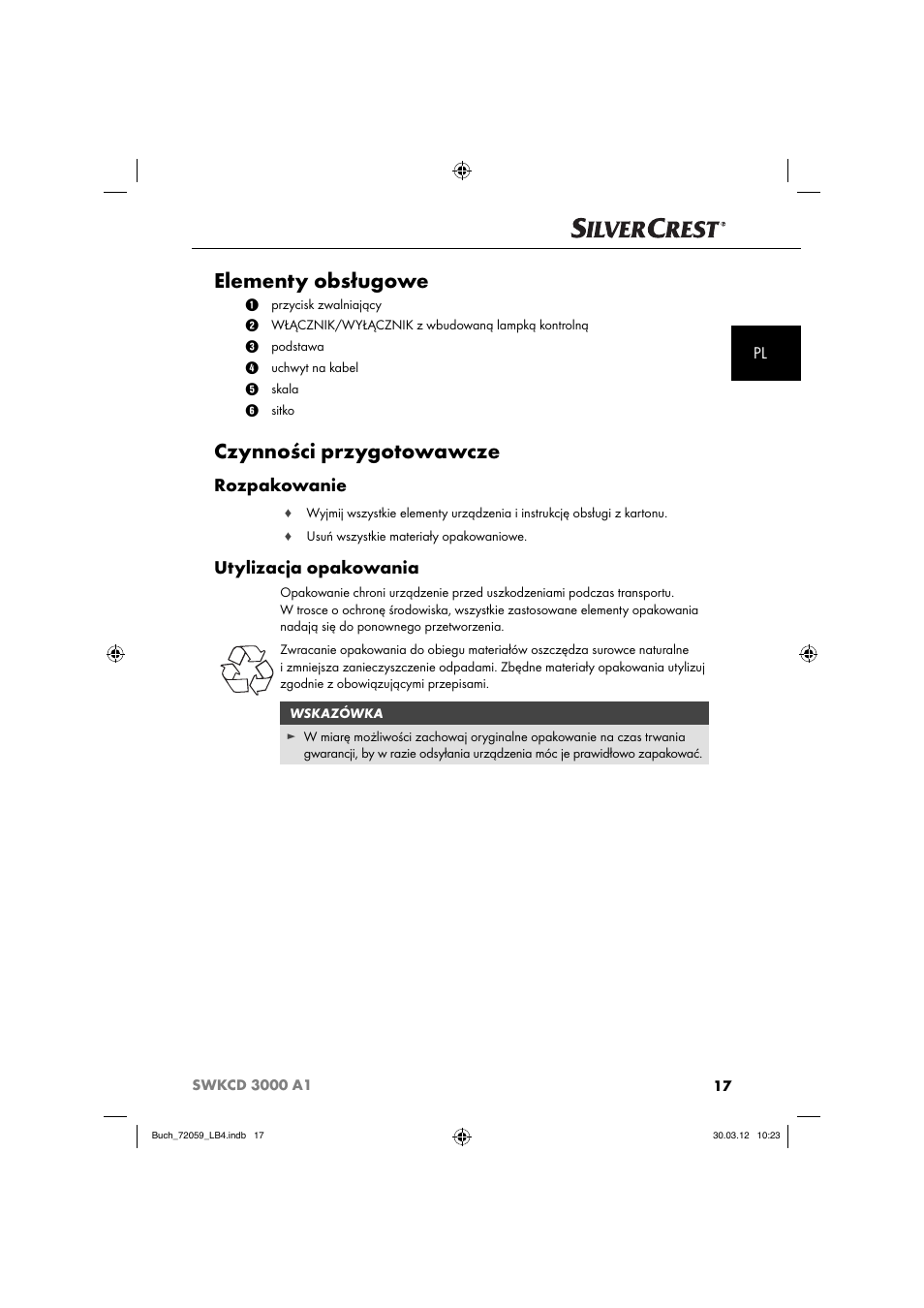 Elementy obsługowe, Czynności przygotowawcze, Rozpakowanie | Utylizacja opakowania | Silvercrest SWKCD 3000 A1 User Manual | Page 19 / 61