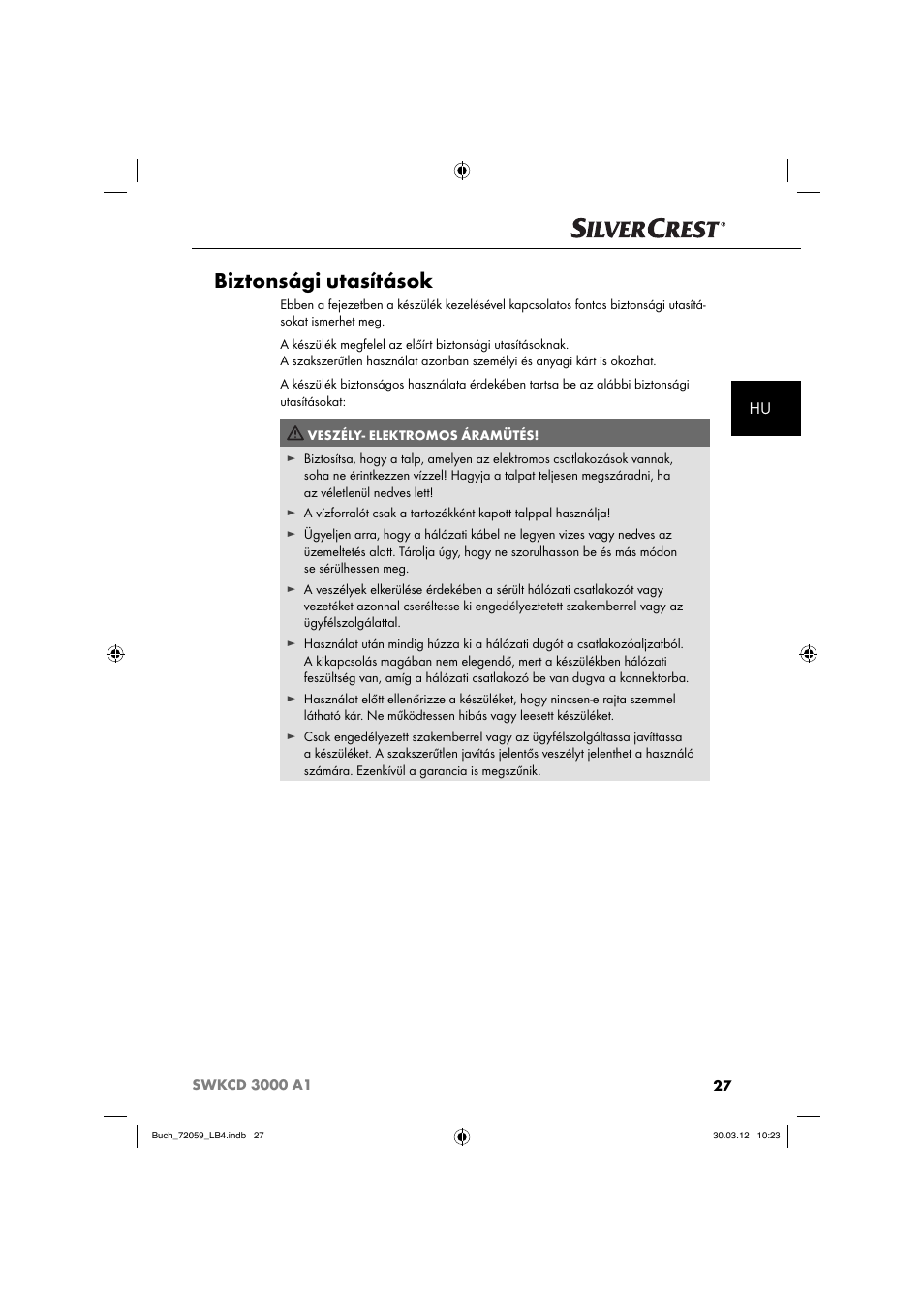 Biztonsági utasítások | Silvercrest SWKCD 3000 A1 User Manual | Page 29 / 61