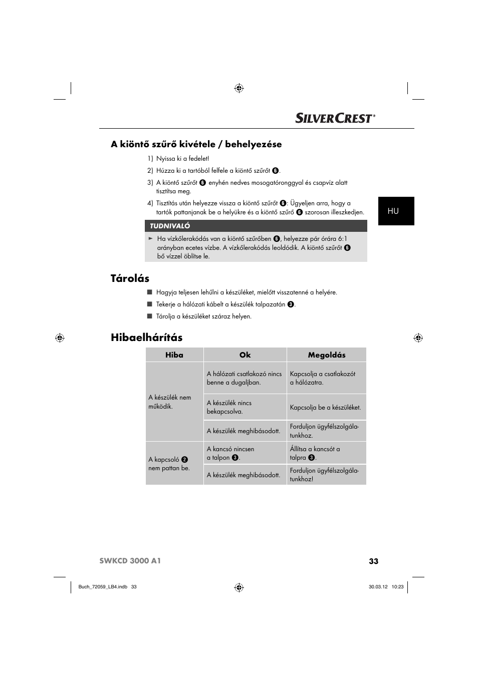 Tárolás, Hibaelhárítás, A kiöntő szűrő kivétele / behelyezése | Silvercrest SWKCD 3000 A1 User Manual | Page 35 / 61