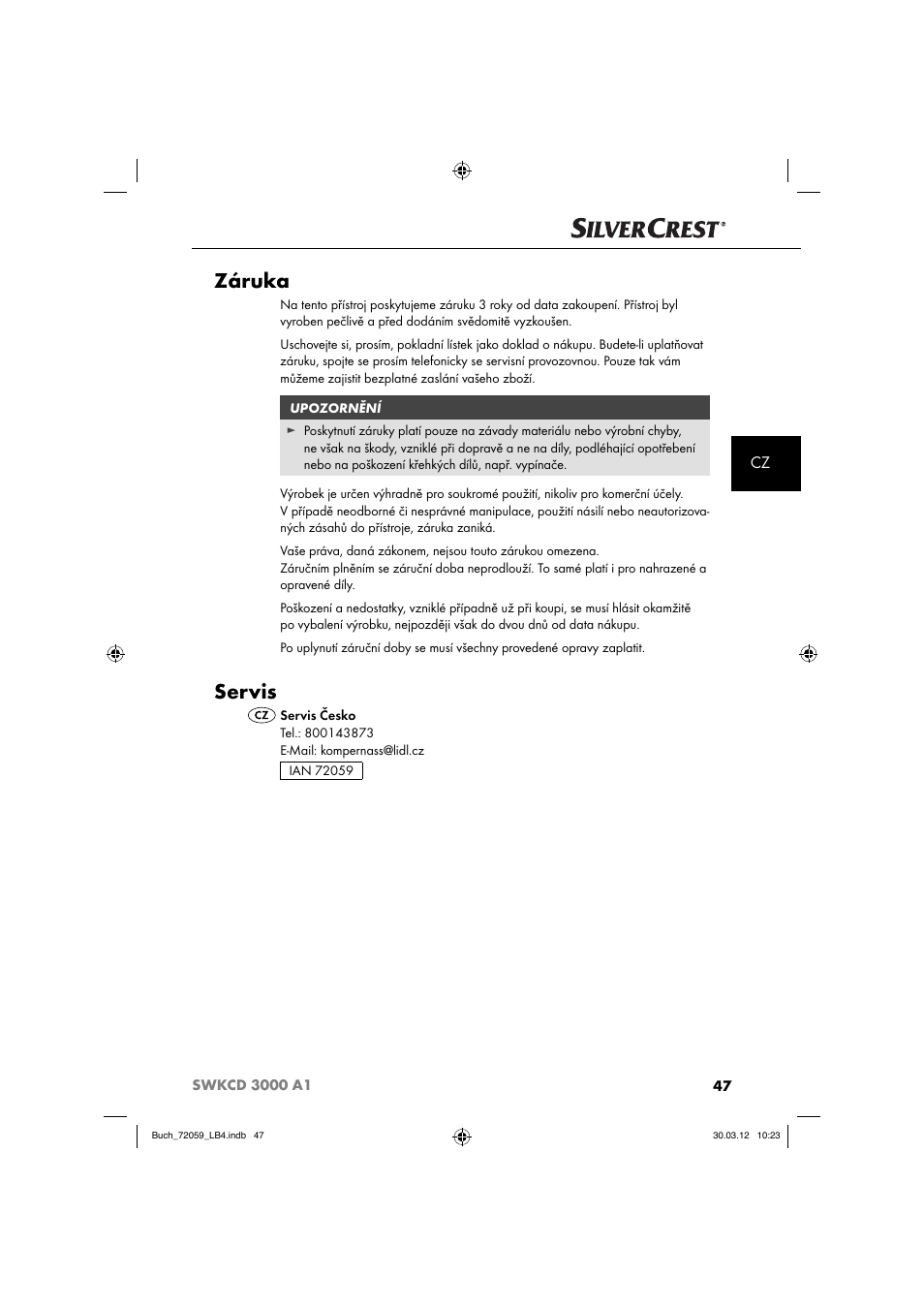 Záruka, Servis | Silvercrest SWKCD 3000 A1 User Manual | Page 49 / 61
