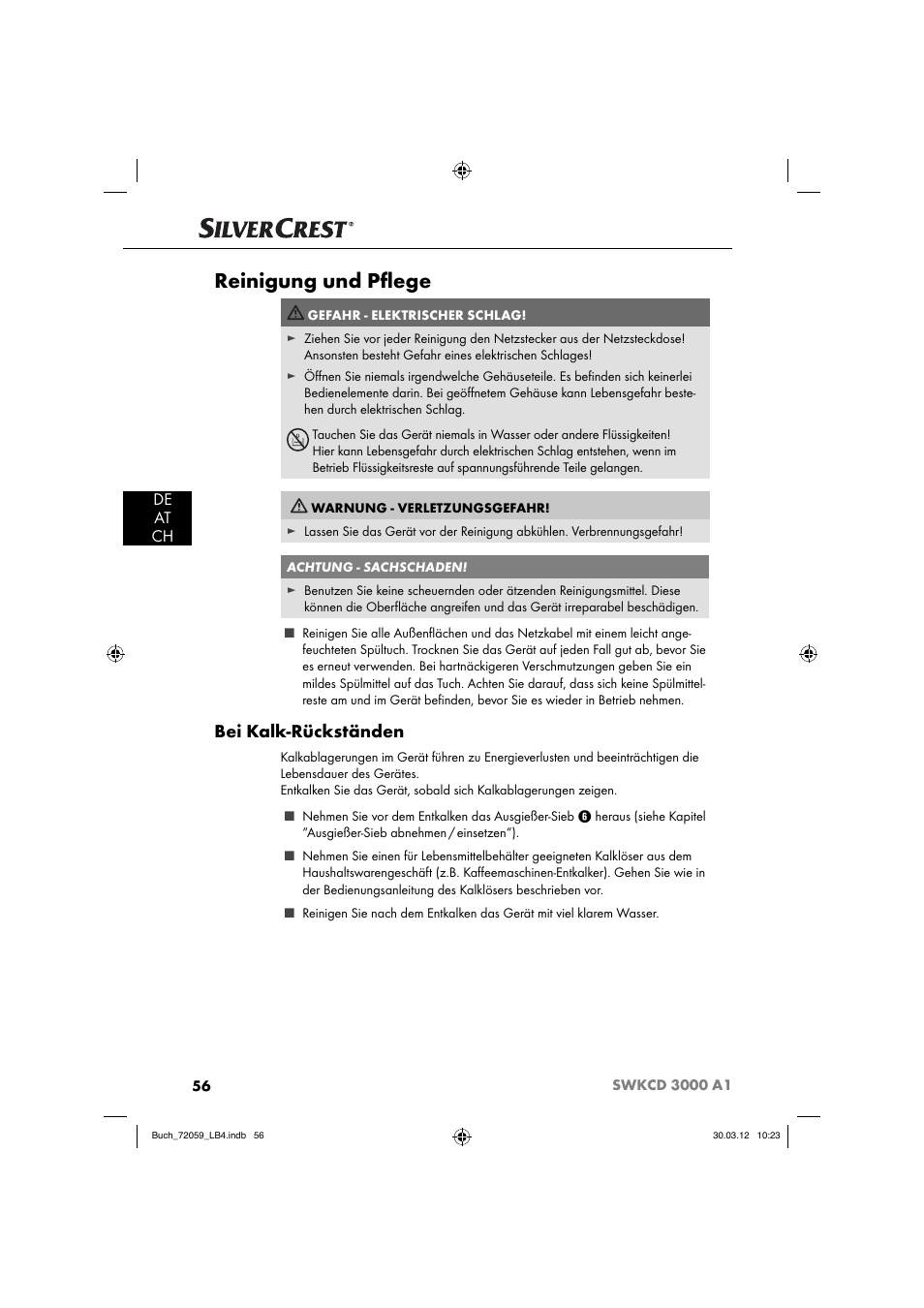 Reinigung und pﬂ ege, Bei kalk-rückständen, De at ch | Silvercrest SWKCD 3000 A1 User Manual | Page 58 / 61