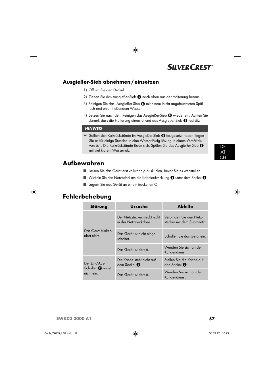 Aufbewahren, Fehlerbehebung, Ausgießer-sieb abnehmen / einsetzen | De at ch | Silvercrest SWKCD 3000 A1 User Manual | Page 59 / 61