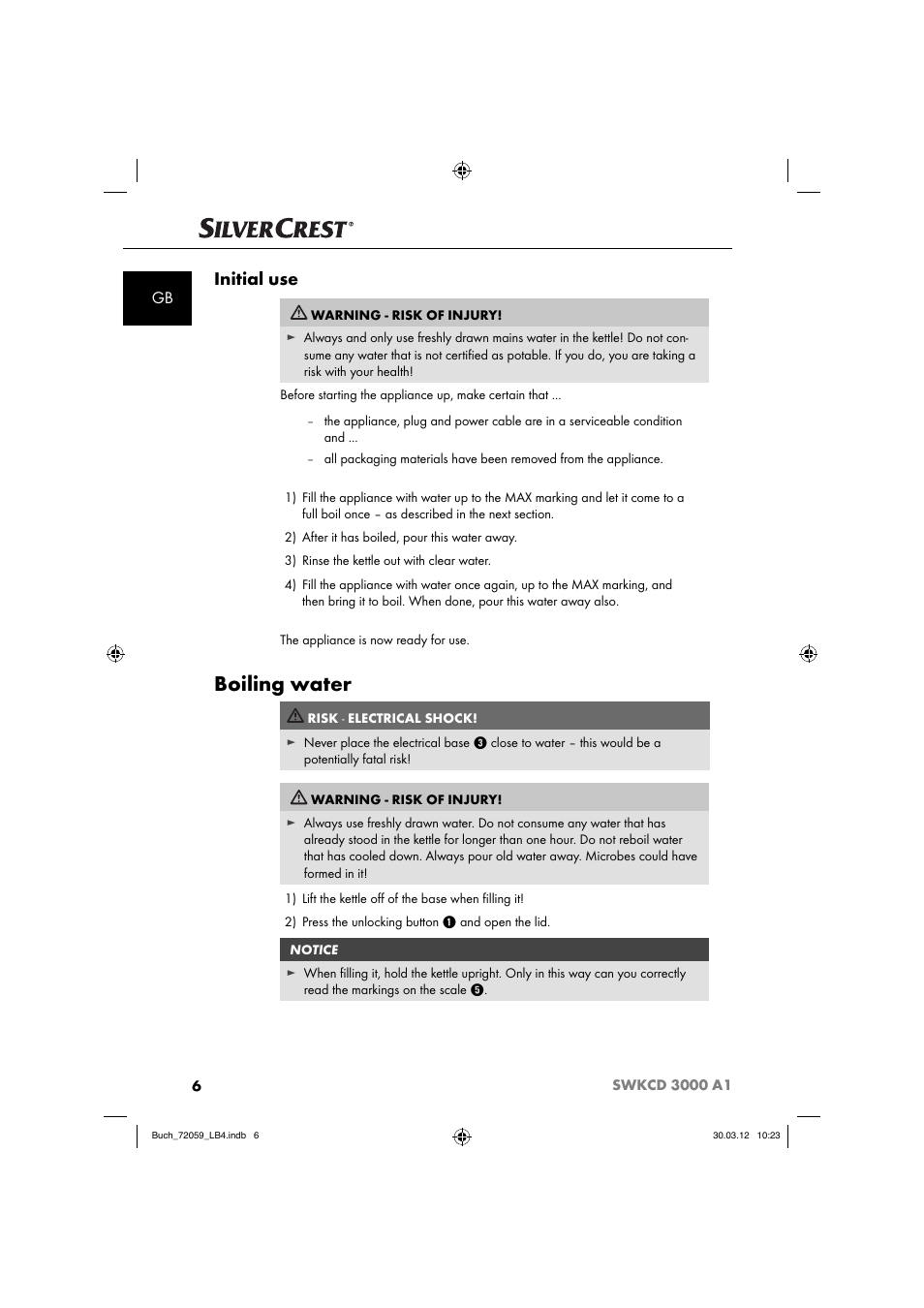 Boiling water, Initial use | Silvercrest SWKCD 3000 A1 User Manual | Page 8 / 61