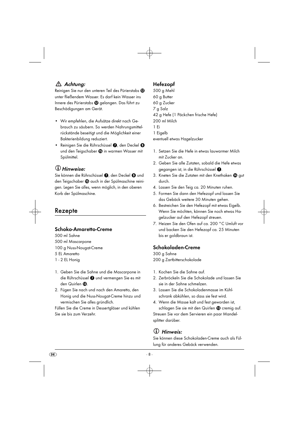 Rezepte, Achtung, Hinweise | Schoko-amaretto-creme, Hefezopf, Schokoladen-creme, Hinweis | Silvercrest SHMS 300 B1 User Manual | Page 11 / 44