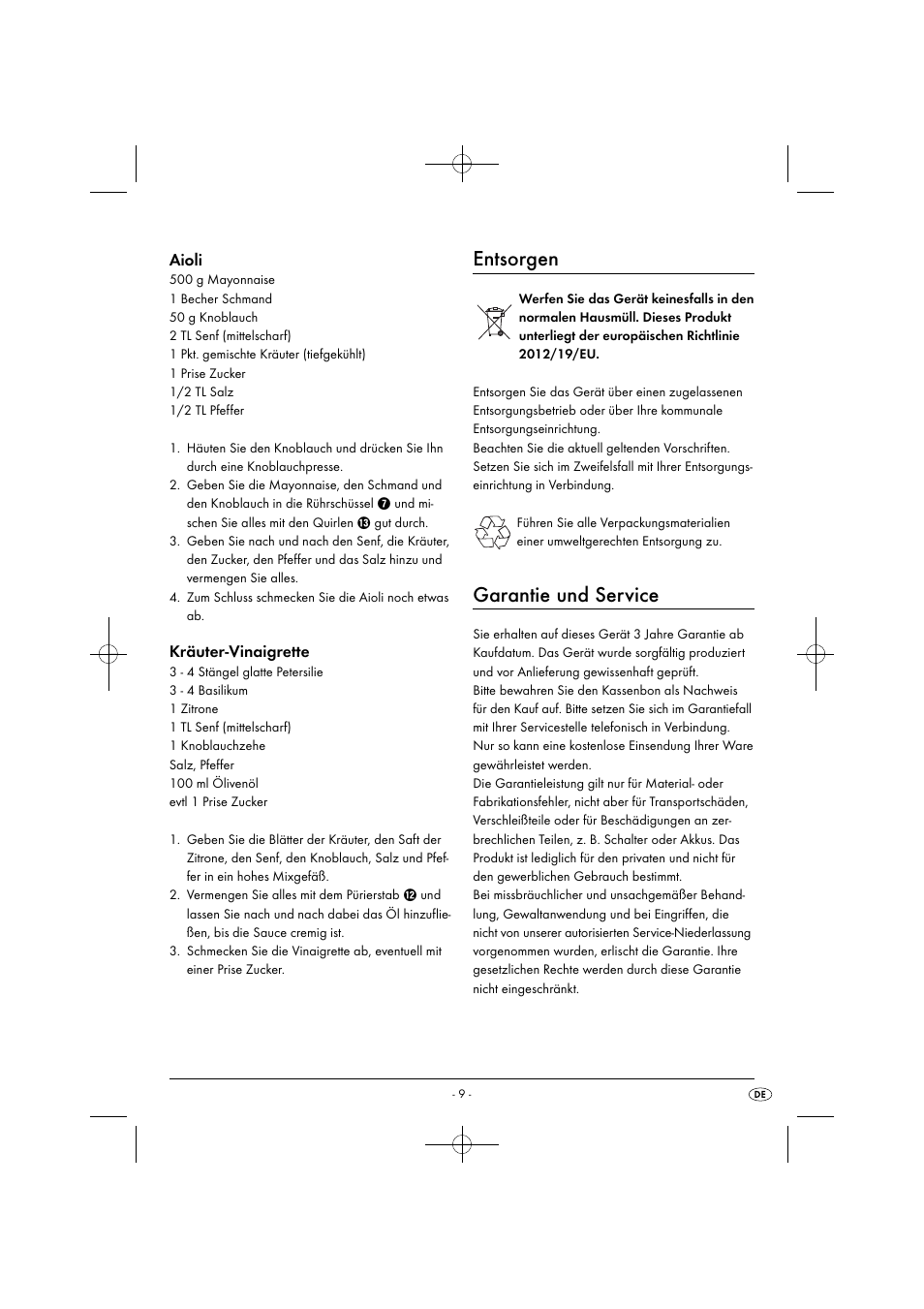 Entsorgen, Garantie und service, Aioli | Kräuter-vinaigrette | Silvercrest SHMS 300 B1 User Manual | Page 12 / 44