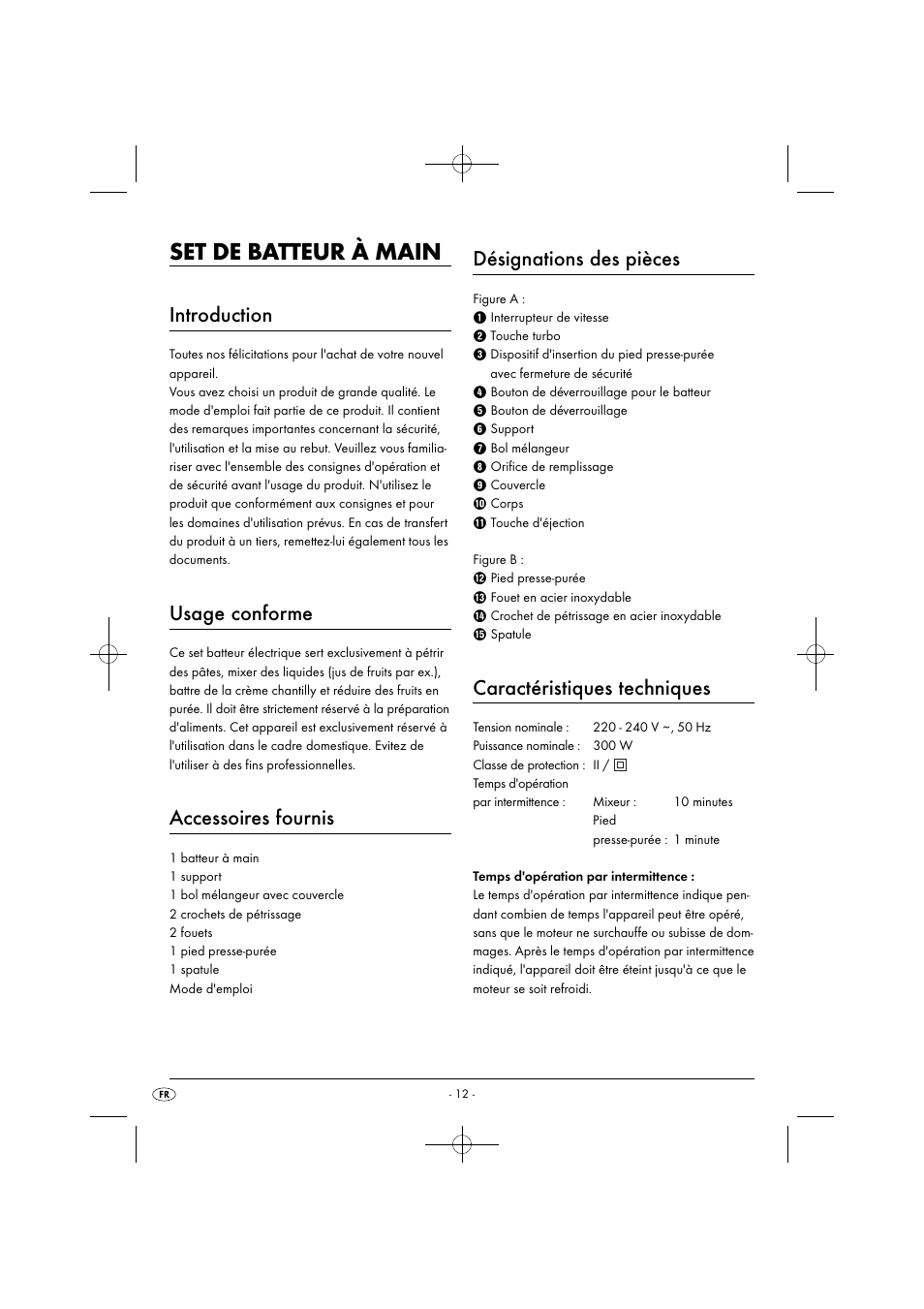 Set de batteur à main, Introduction, Usage conforme | Accessoires fournis, Désignations des pièces, Caractéristiques techniques | Silvercrest SHMS 300 B1 User Manual | Page 15 / 44