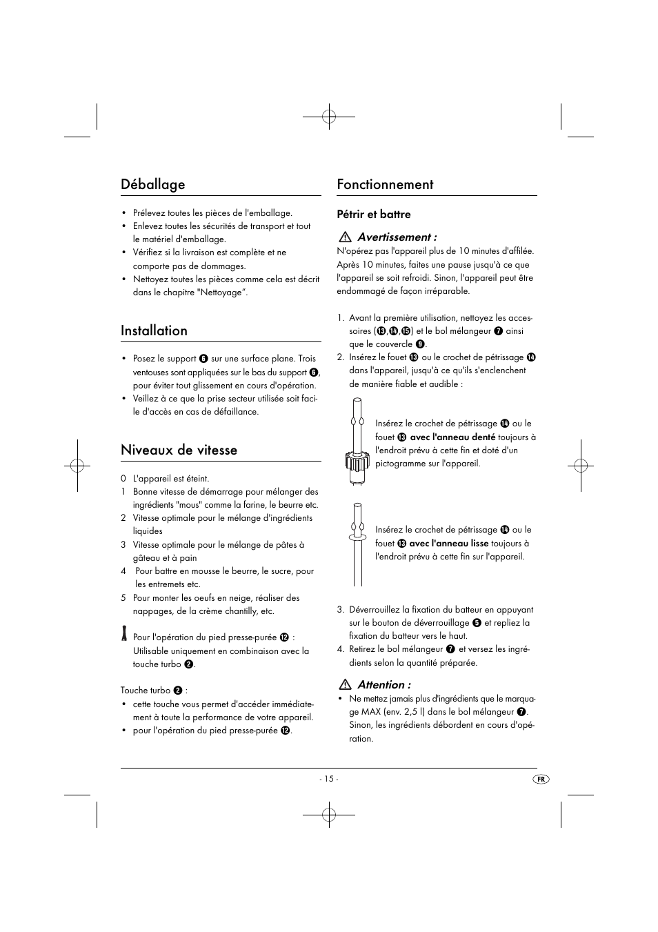 Déballage, Installation, Niveaux de vitesse | Fonctionnement, Pétrir et battre avertissement, Attention | Silvercrest SHMS 300 B1 User Manual | Page 18 / 44