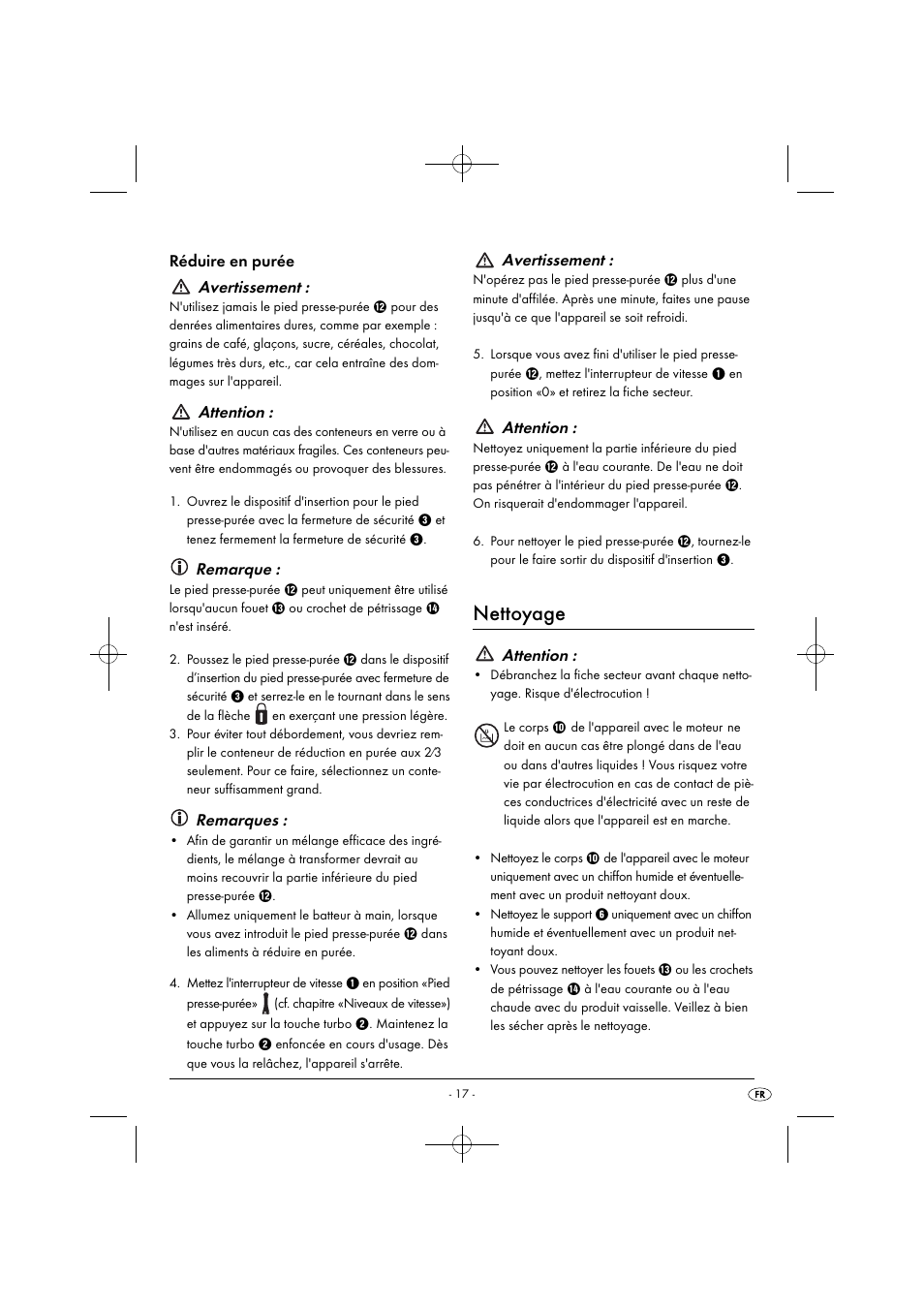 Nettoyage, Réduire en purée avertissement, Attention | Remarque, Remarques, Avertissement | Silvercrest SHMS 300 B1 User Manual | Page 20 / 44