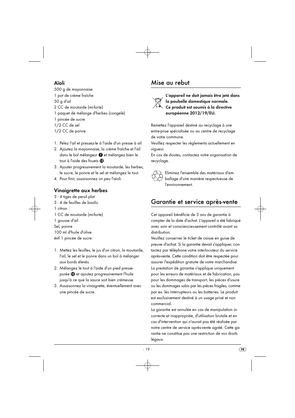 Mise au rebut, Garantie et service après-vente, Aïoli | Vinaigrette aux herbes | Silvercrest SHMS 300 B1 User Manual | Page 22 / 44