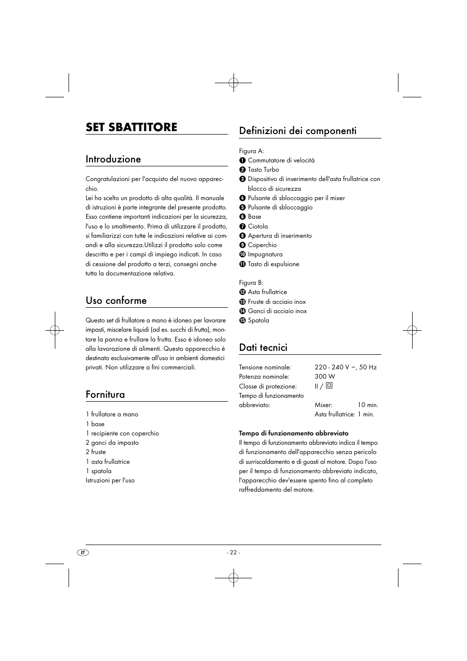 Set sbattitore, Introduzione, Uso conforme | Fornitura, Definizioni dei componenti, Dati tecnici | Silvercrest SHMS 300 B1 User Manual | Page 25 / 44