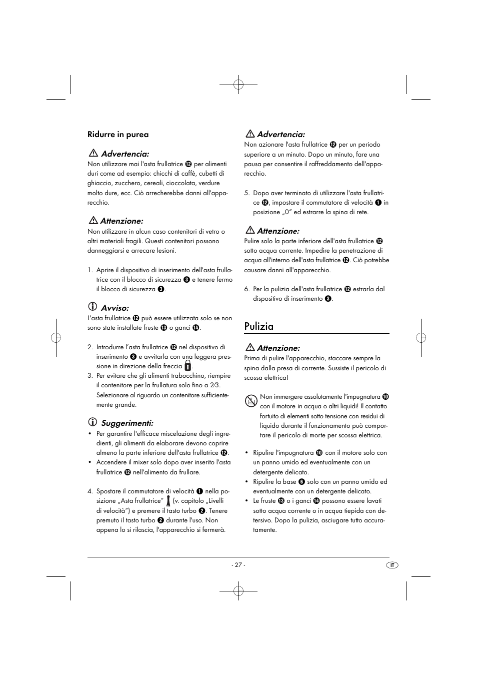 Pulizia, Ridurre in purea advertencia, Attenzione | Avviso, Suggerimenti, Advertencia, Attenzio ne | Silvercrest SHMS 300 B1 User Manual | Page 30 / 44