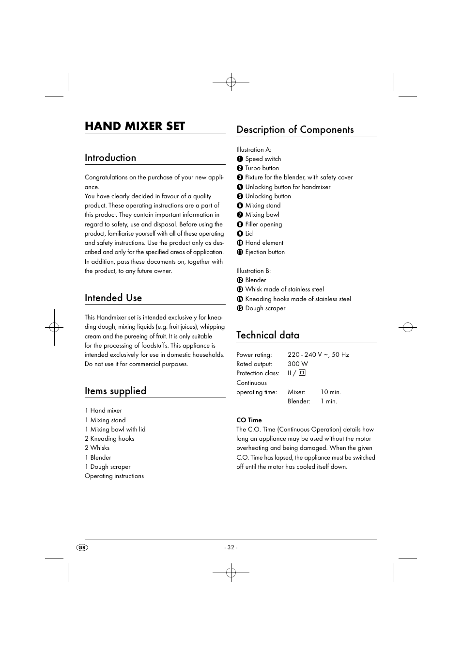 Hand mixer set, Introduction, Intended use | Items supplied, Description of components, Technical data | Silvercrest SHMS 300 B1 User Manual | Page 35 / 44