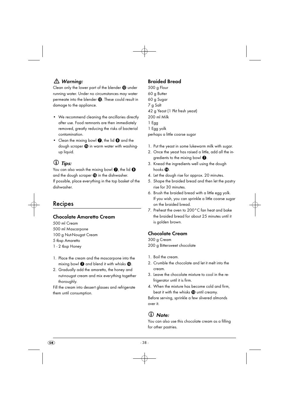 Recipes, Warning, Tips | Chocolate amaretto cream, Braided bread, Chocolate cream | Silvercrest SHMS 300 B1 User Manual | Page 41 / 44