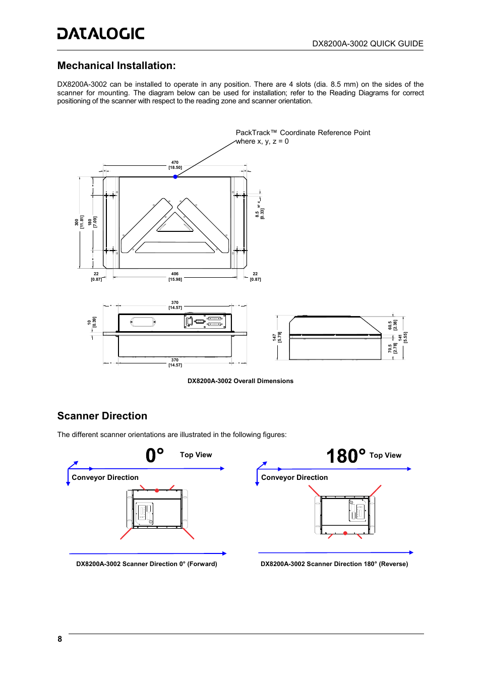 Mechanical installation, Scanner direction | Datalogic Scanning DX8200A-3002 User Manual | Page 8 / 11