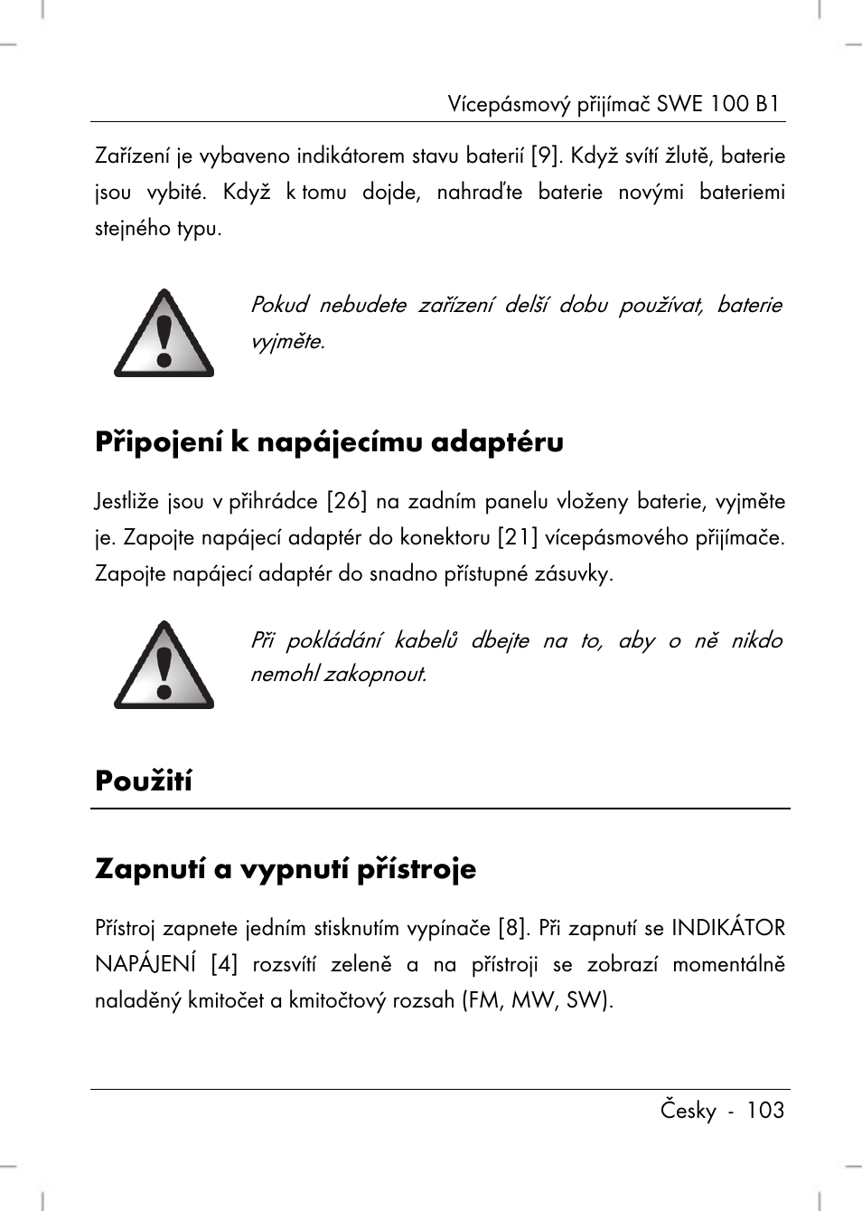 Připojení k napájecímu adaptéru, Použití zapnutí a vypnutí přístroje | Silvercrest SWE 100 B1 User Manual | Page 105 / 174