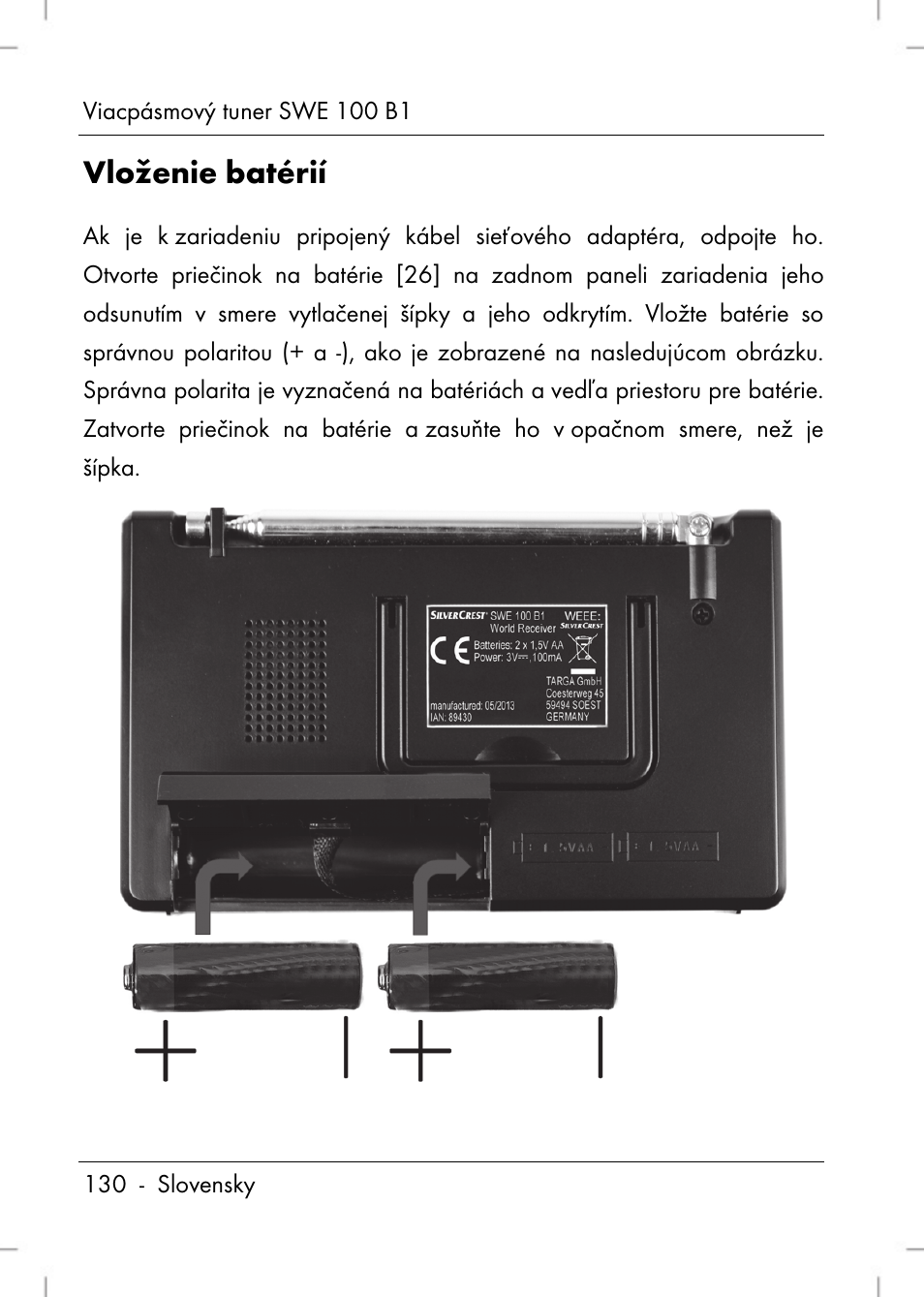 Vloženie batérií | Silvercrest SWE 100 B1 User Manual | Page 132 / 174