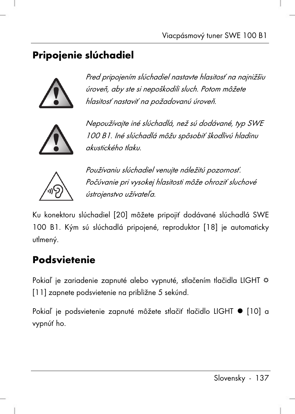 Pripojenie slúchadiel, Podsvietenie | Silvercrest SWE 100 B1 User Manual | Page 139 / 174