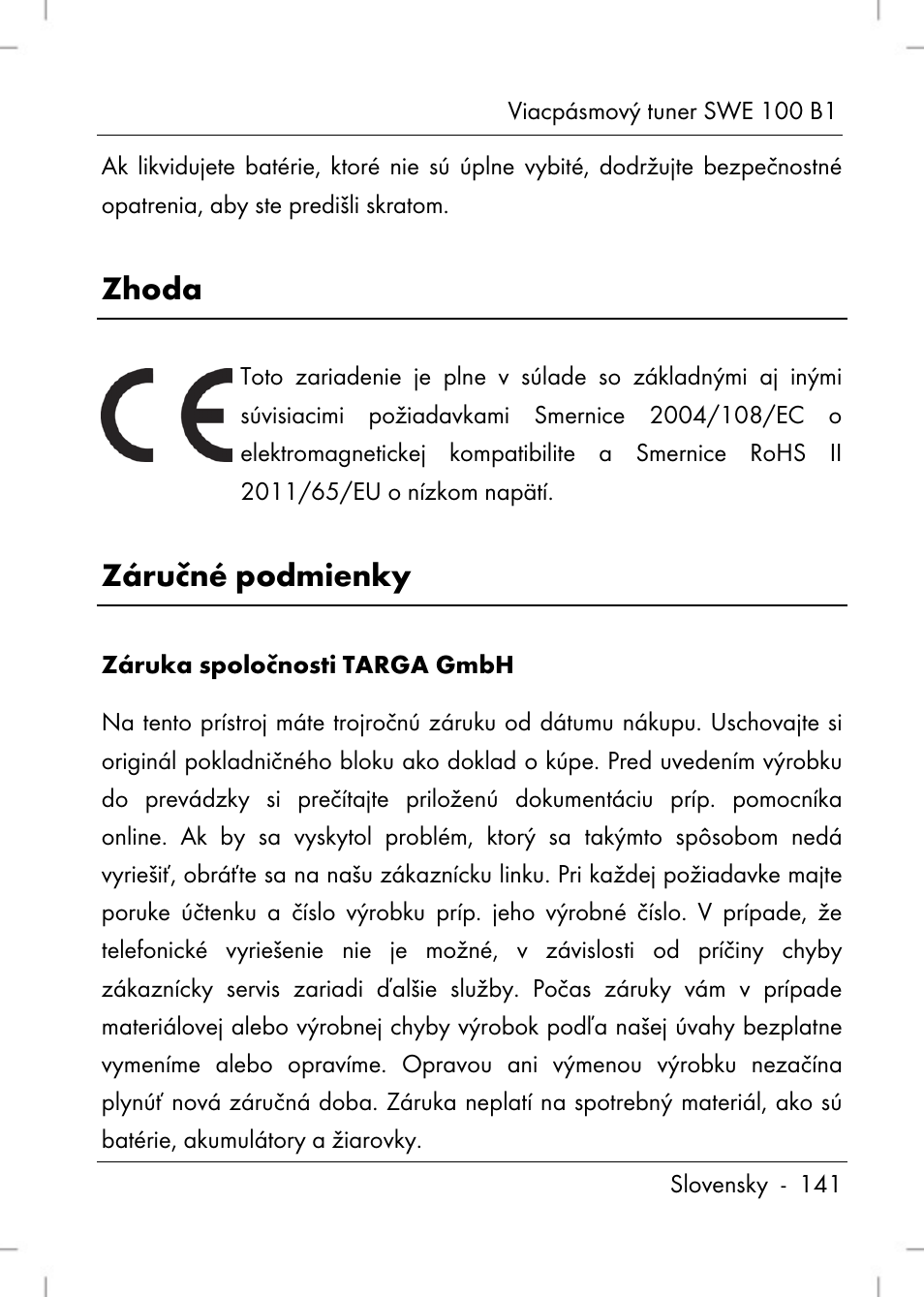 Zhoda, Záručné podmienky | Silvercrest SWE 100 B1 User Manual | Page 143 / 174