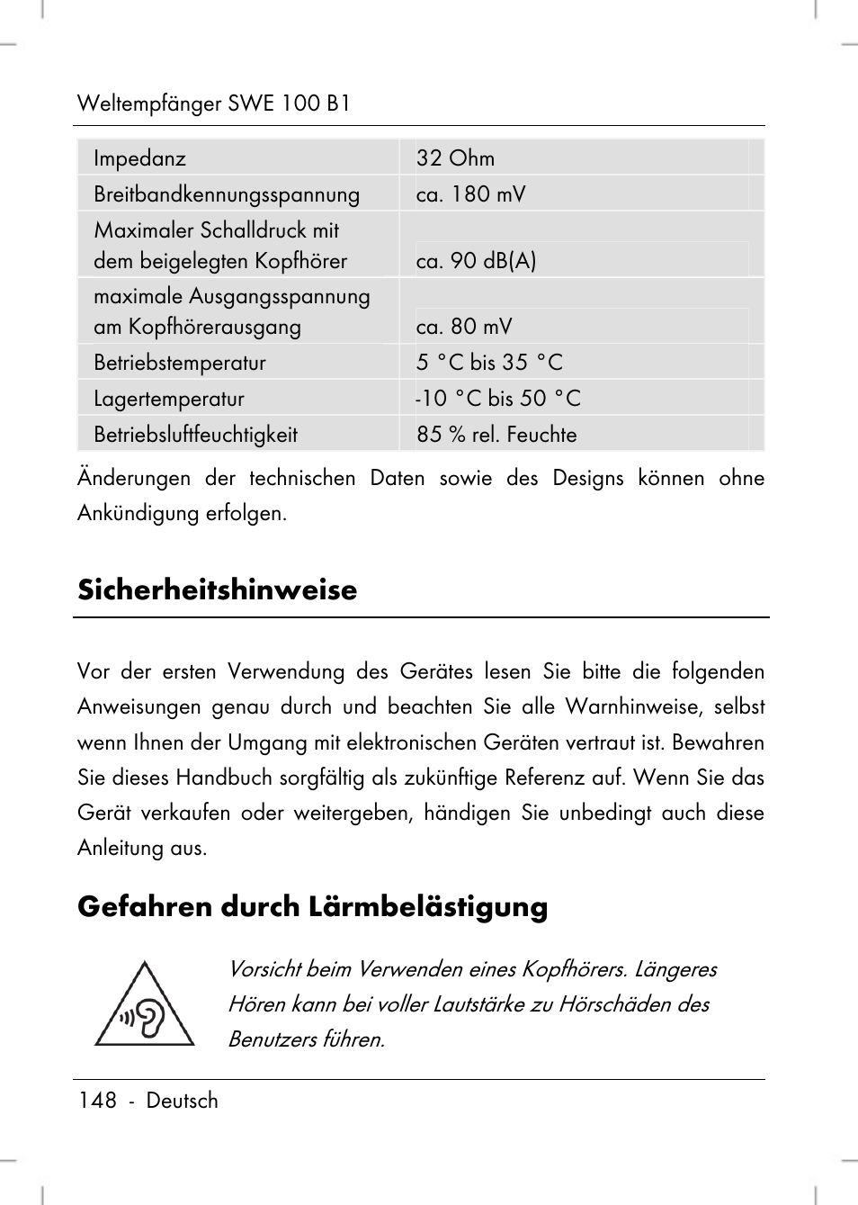 Sicherheitshinweise, Gefahren durch lärmbelästigung | Silvercrest SWE 100 B1 User Manual | Page 150 / 174